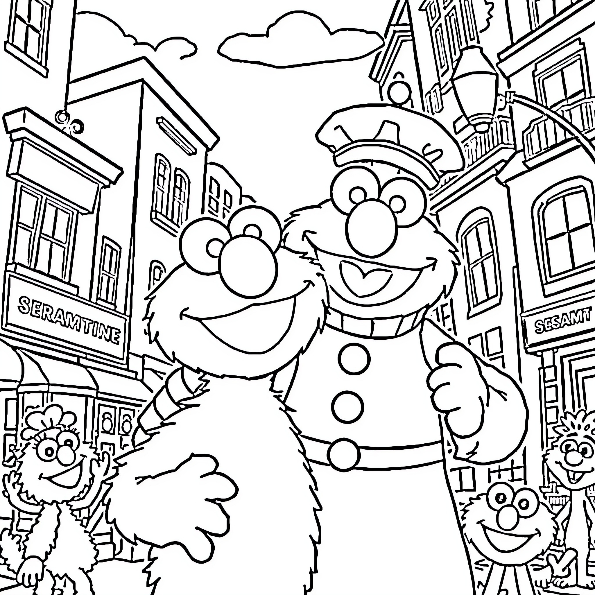 Elmo and friends enjoying a day out in the city Coloring Page (free black-and-white line drawing printable PDF for all, from beginners to advanced learners, including children, teens, adults, and seniors)