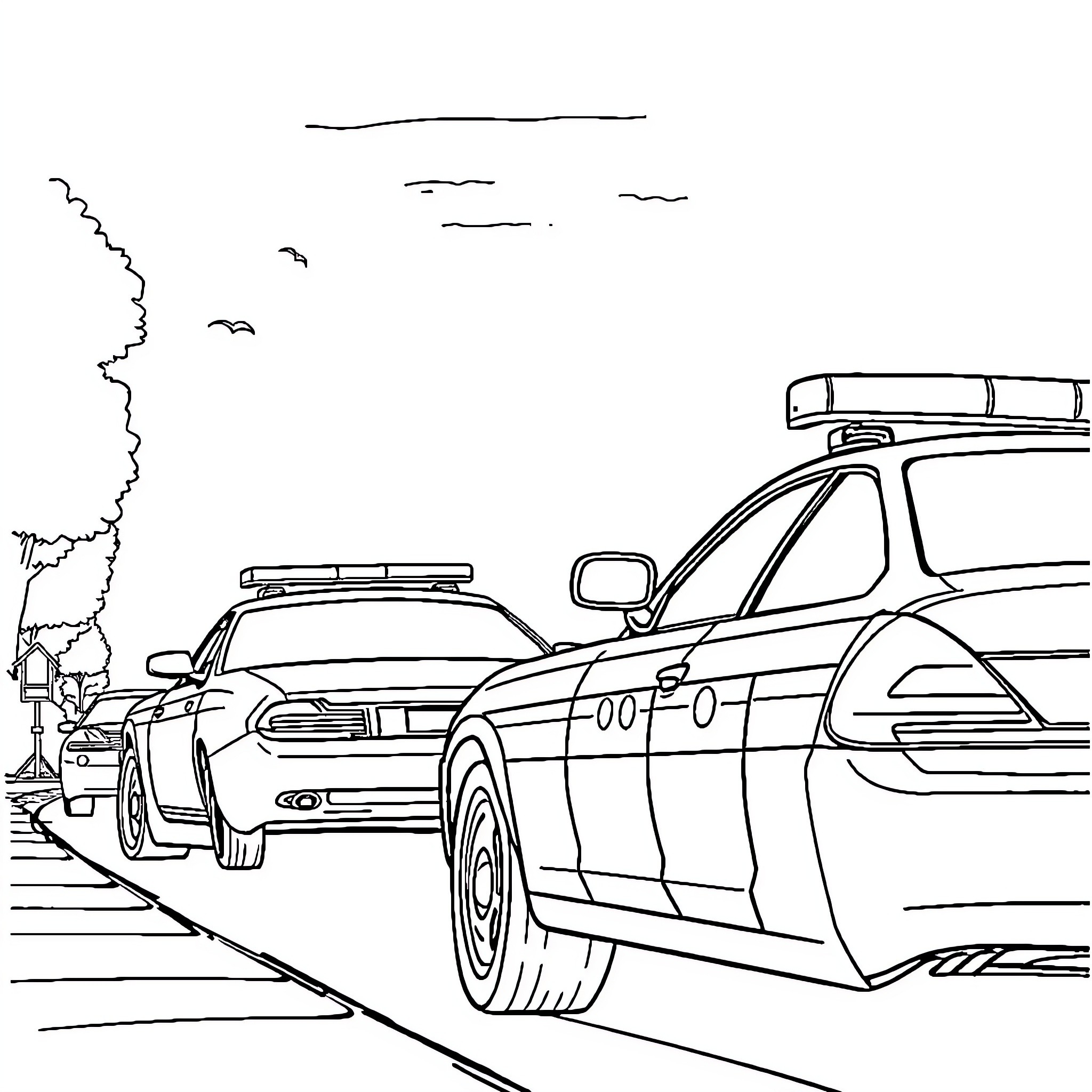 Police Cars Chasing on the Street Coloring Page (free black-and-white line drawing printable PDF for all, from beginners to advanced learners, including children, teens, adults, and seniors)