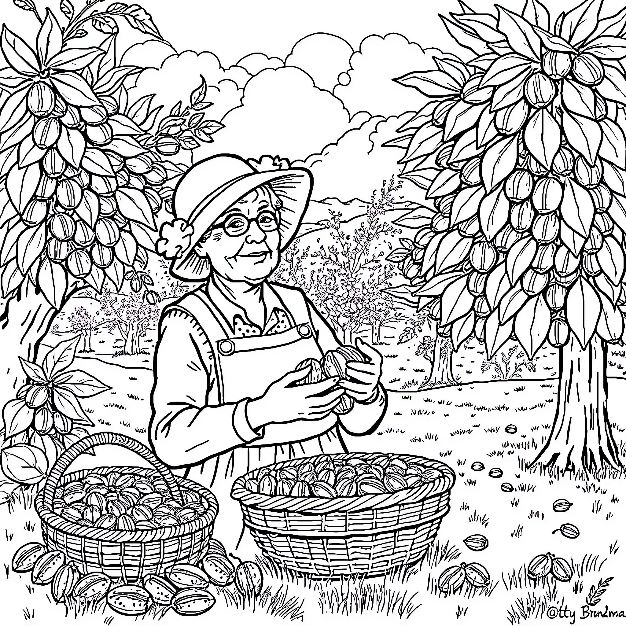 Grandma Harvesting Bountiful Crops in the Garden Coloring Page (free black-and-white line drawing printable PDF for all, from beginners to advanced learners, including children, teens, adults, and seniors)