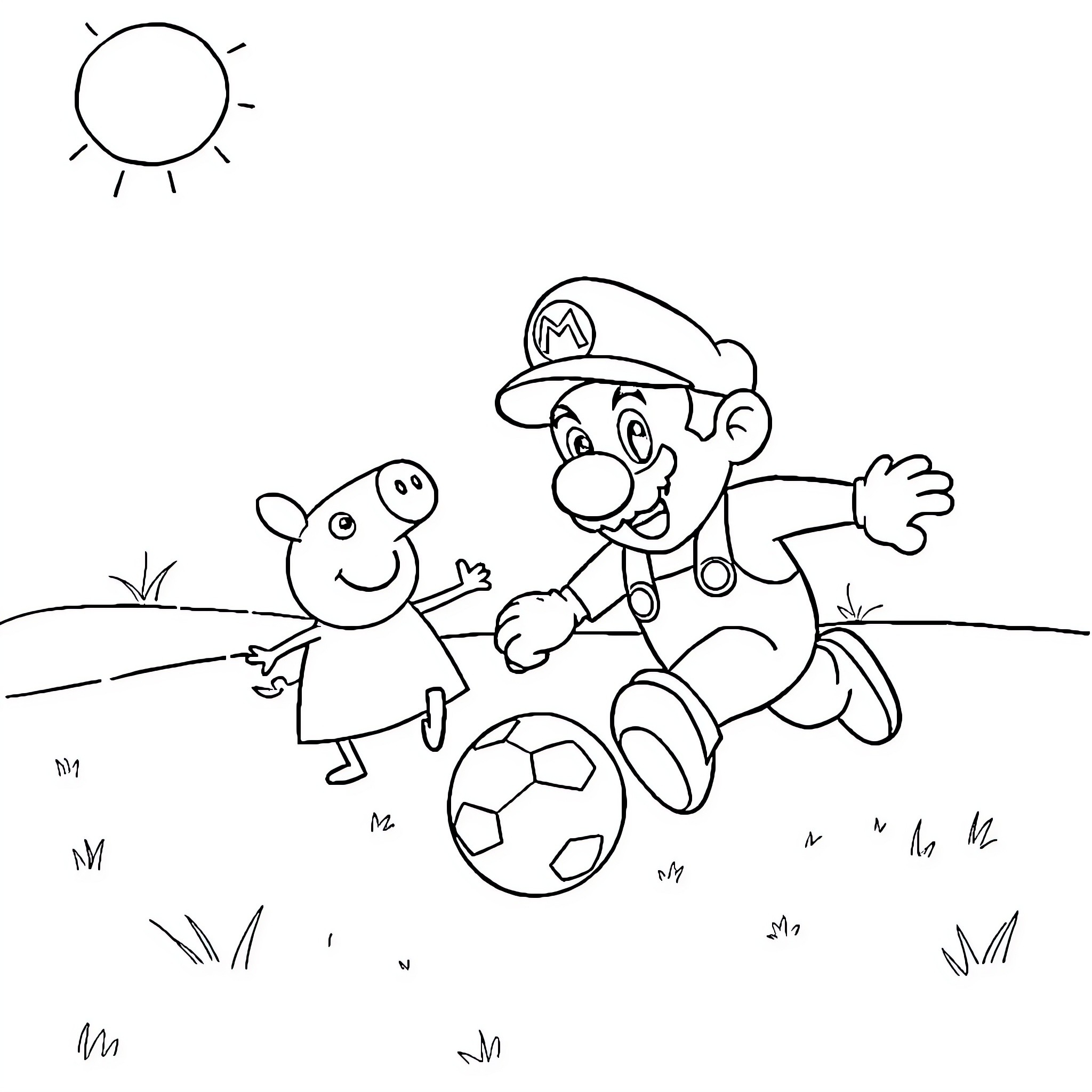 Mario playing soccer with friend in the park Coloring Page (free black-and-white line drawing printable PDF for all, from beginners to advanced learners, including children, teens, adults, and seniors)