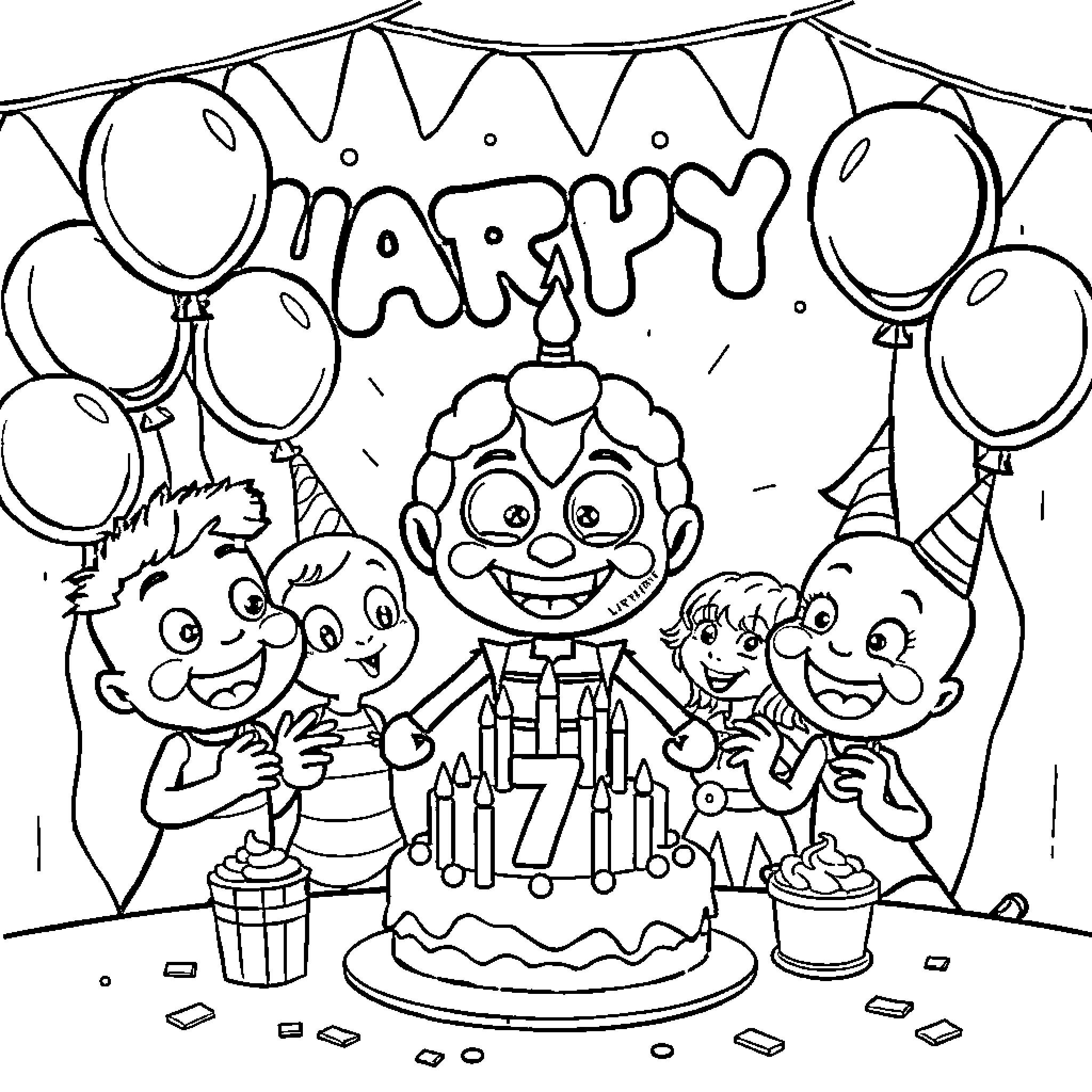 Brain celebrating a birthday party with friends Coloring Page (free black-and-white line drawing printable PDF for all, from beginners to advanced learners, including children, teens, adults, and seniors)