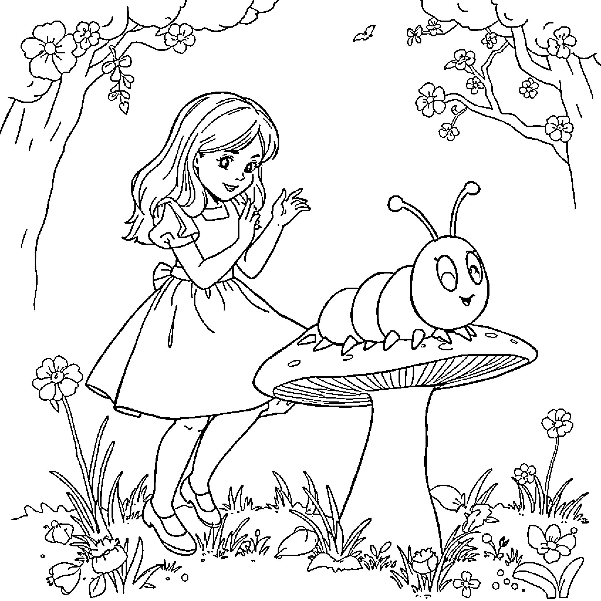 Alice and the Curious Caterpillar Coloring Page (free black-and-white line drawing printable PDF for all, from beginners to advanced learners, including children, teens, adults, and seniors)