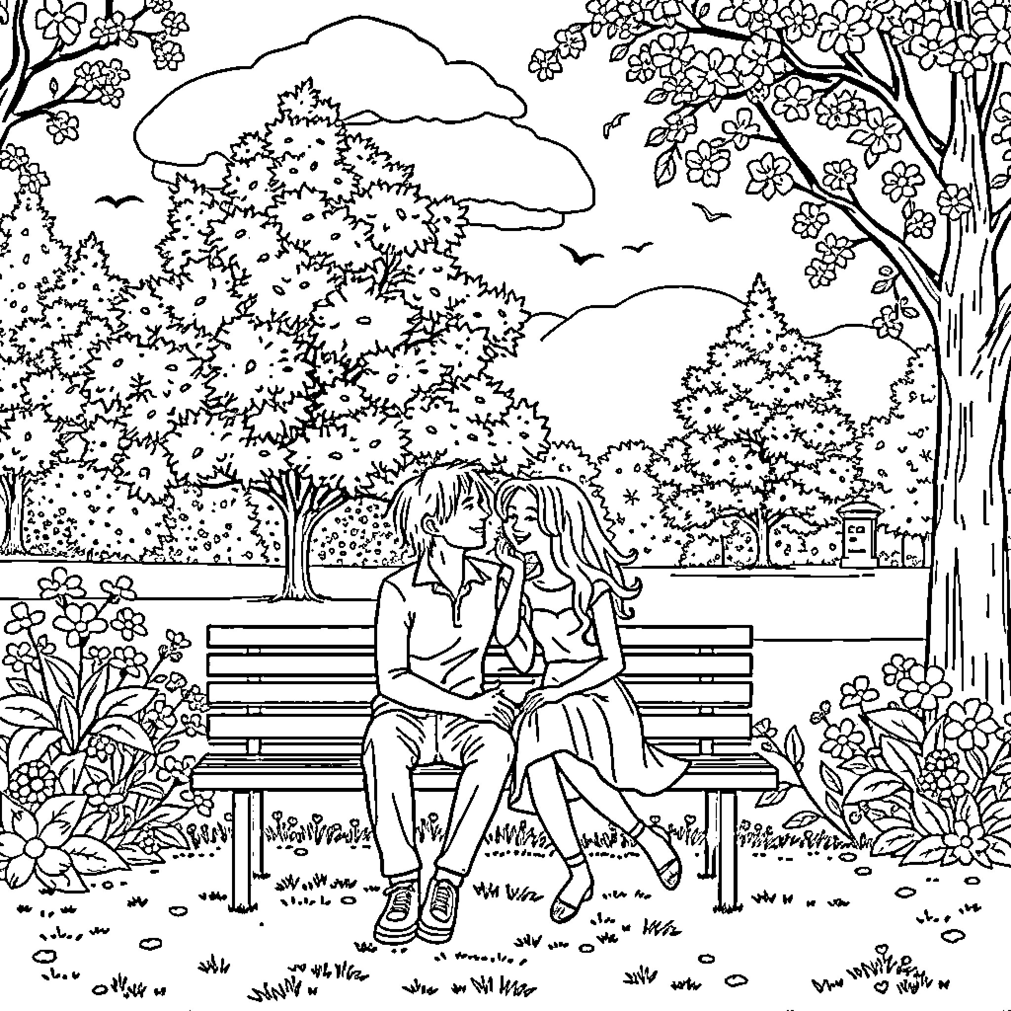 Couple enjoying a peaceful moment in the park Coloring Page (free black-and-white line drawing printable PDF for all, from beginners to advanced learners, including children, teens, adults, and seniors)