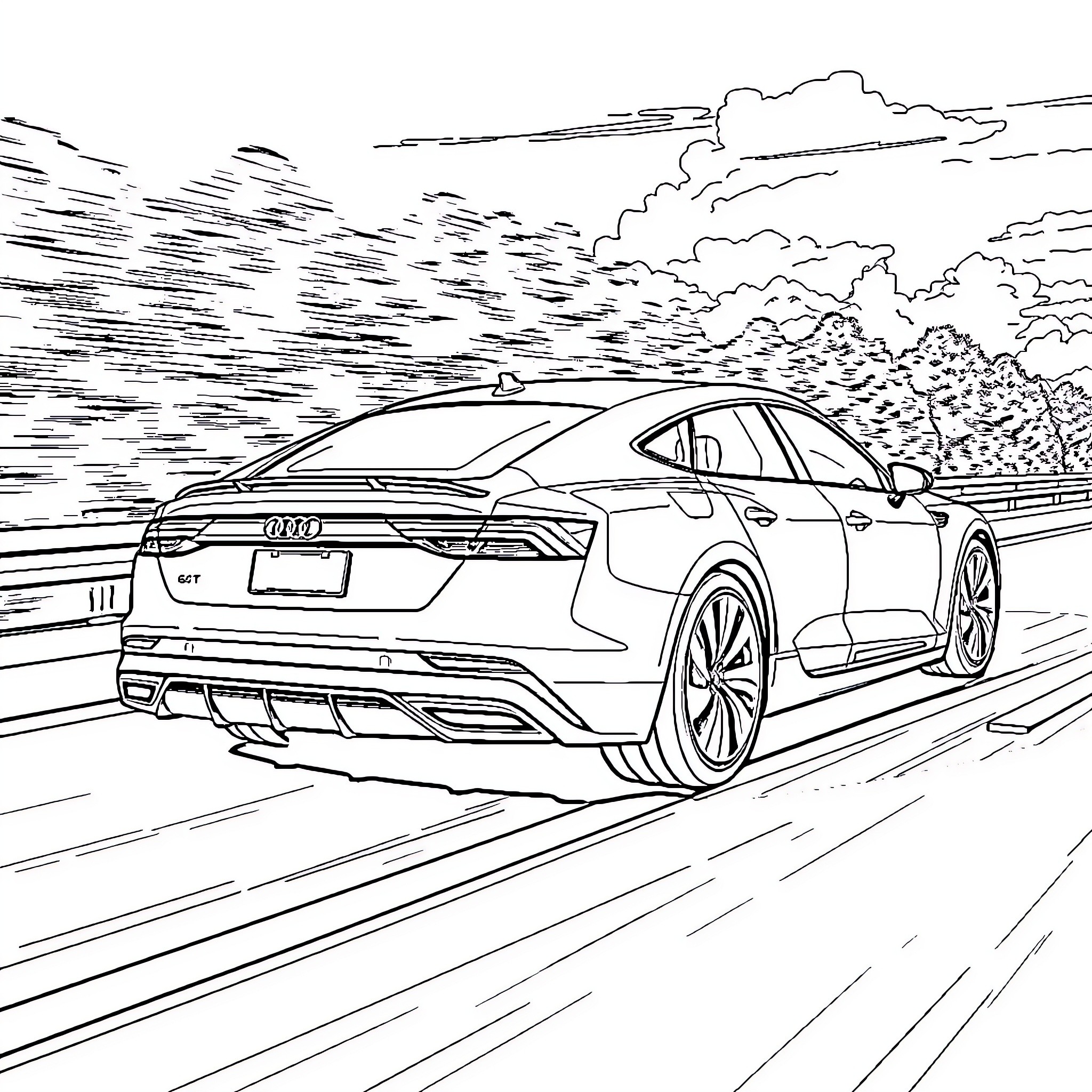 Audi e-tron racing on the road Coloring Page (free black-and-white line drawing printable PDF for all, from beginners to advanced learners, including children, teens, adults, and seniors)