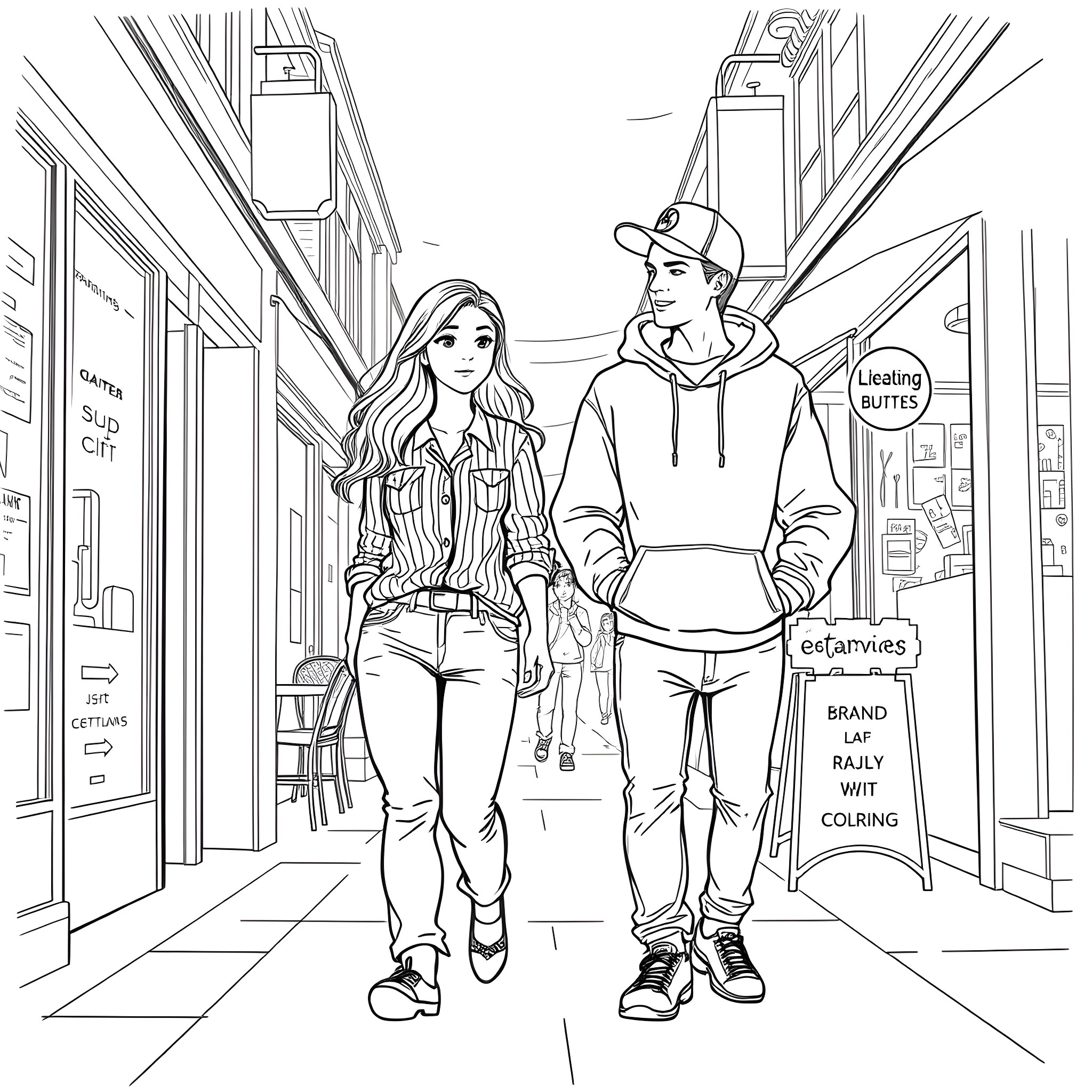 Teen couple walking down a city street Coloring Page (free black-and-white line drawing printable PDF for all, from beginners to advanced learners, including children, teens, adults, and seniors)