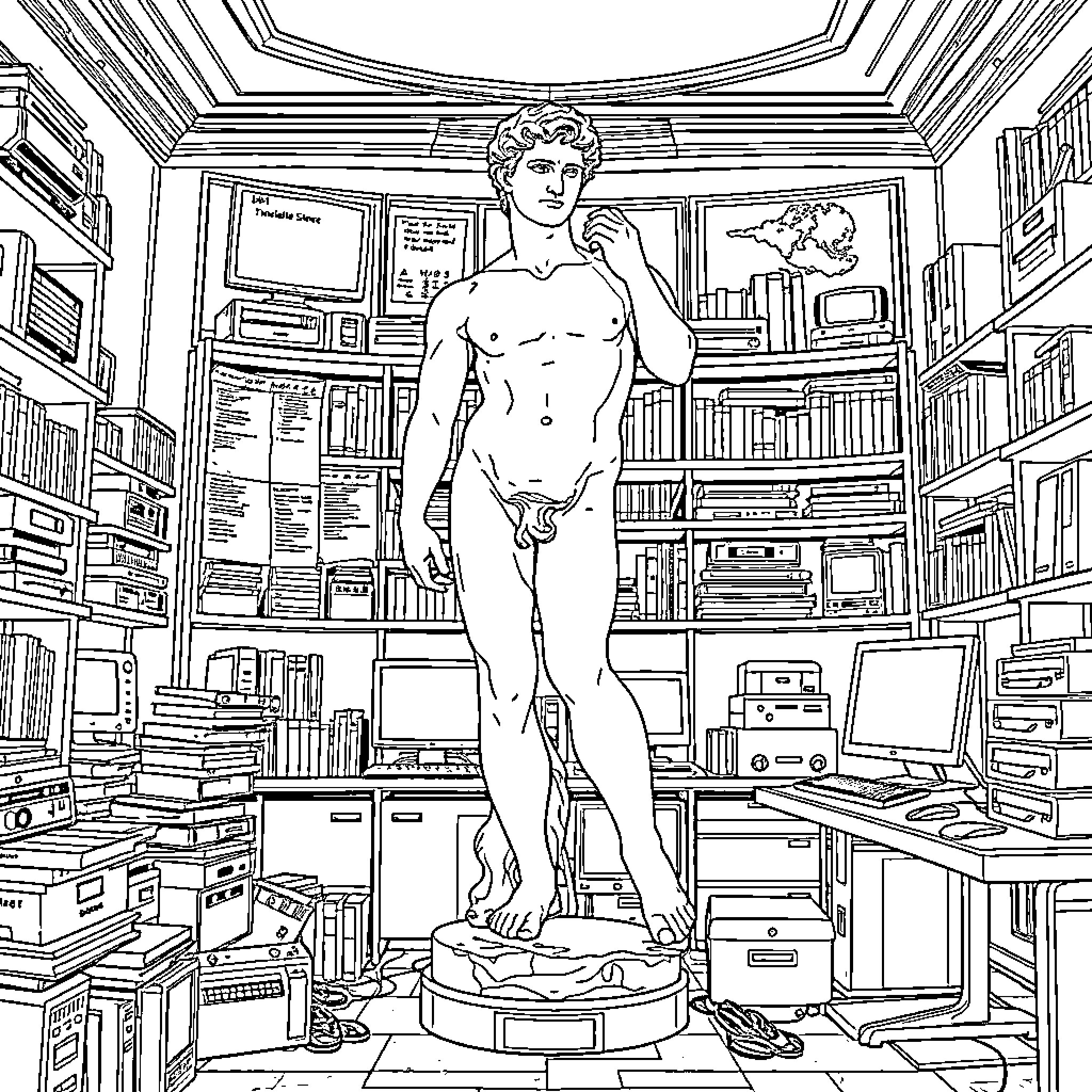 David stands confidently in a cluttered study Coloring Page (free black-and-white line drawing printable PDF for all, from beginners to advanced learners, including children, teens, adults, and seniors)