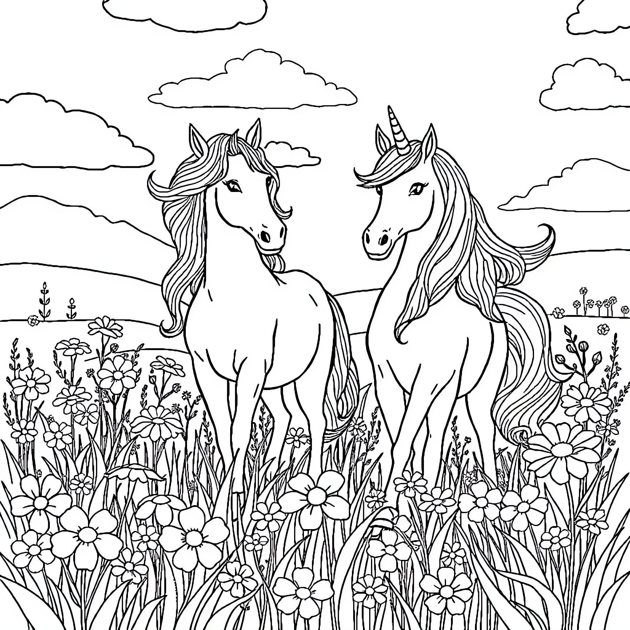 Unicorn friends in a vibrant meadow Coloring Page (free black-and-white line drawing printable PDF for all, from beginners to advanced learners, including children, teens, adults, and seniors)