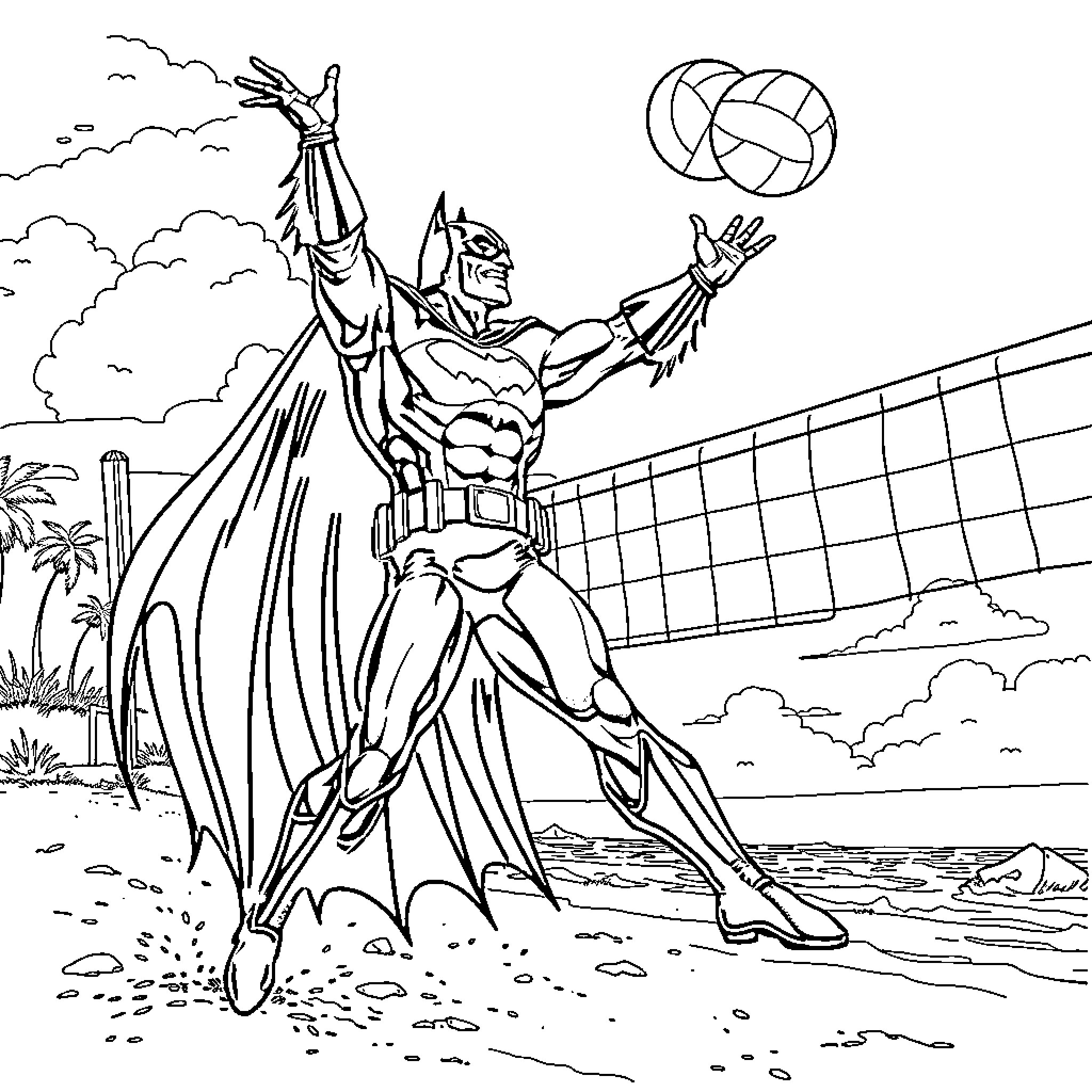 Batman Leaping in the Air and Playing Volleyball Coloring Page (free black-and-white line drawing printable PDF for all, from beginners to advanced learners, including children, teens, adults, and seniors)