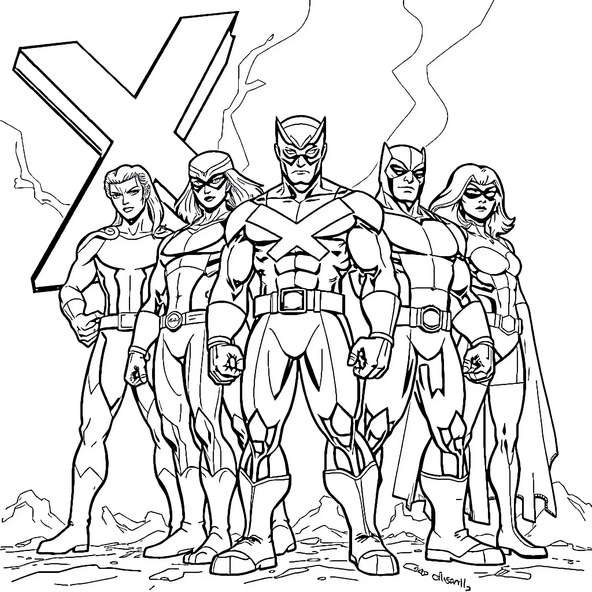 X-Men Heroic Team in Action Poses Coloring Page (free black-and-white line drawing printable PDF for all, from beginners to advanced learners, including children, teens, adults, and seniors)