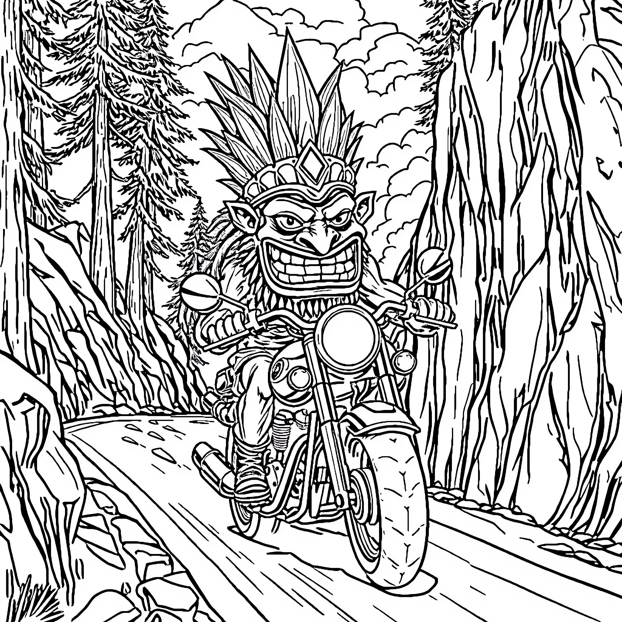 Tiki Biker Rides Through the Enchanted Forest Coloring Page (free black-and-white line drawing printable PDF for all, from beginners to advanced learners, including children, teens, adults, and seniors)