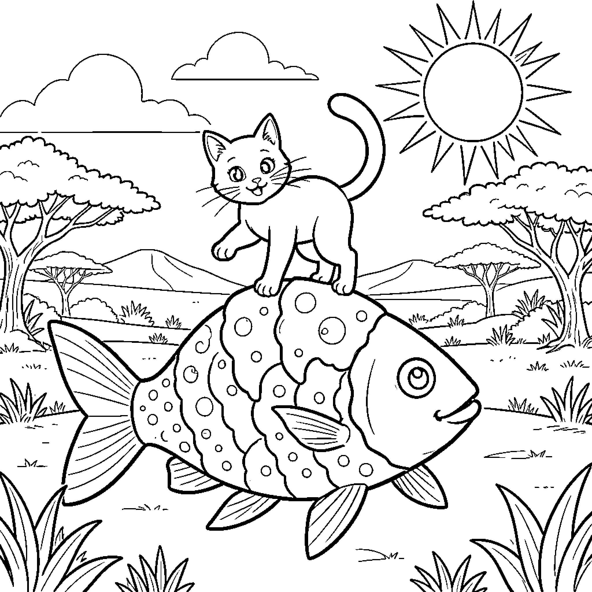 Cat exploring a colorful fish in the wilderness Coloring Page (free black-and-white line drawing printable PDF for all, from beginners to advanced learners, including children, teens, adults, and seniors)