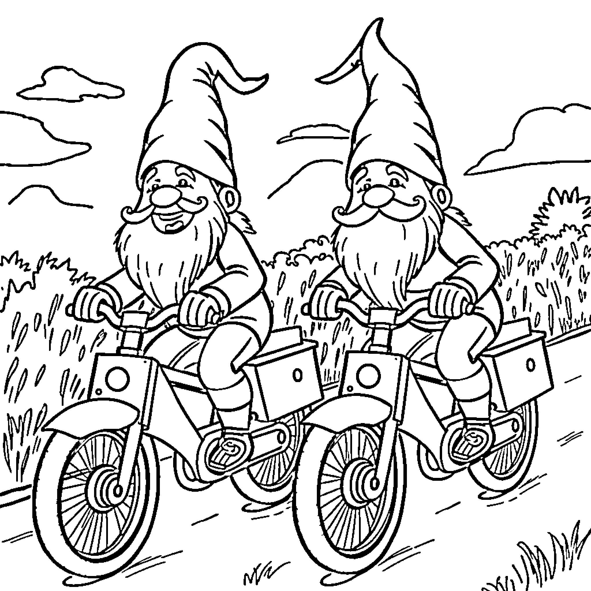 Gnome friends riding mopeds in the countryside Coloring Page (free black-and-white line drawing printable PDF for all, from beginners to advanced learners, including children, teens, adults, and seniors)