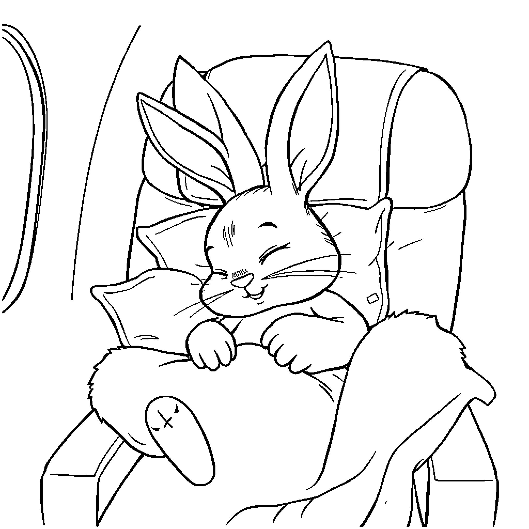 Bunny sleeping peacefully on a cushion Coloring Page (free black-and-white line drawing printable PDF for all, from beginners to advanced learners, including children, teens, adults, and seniors)