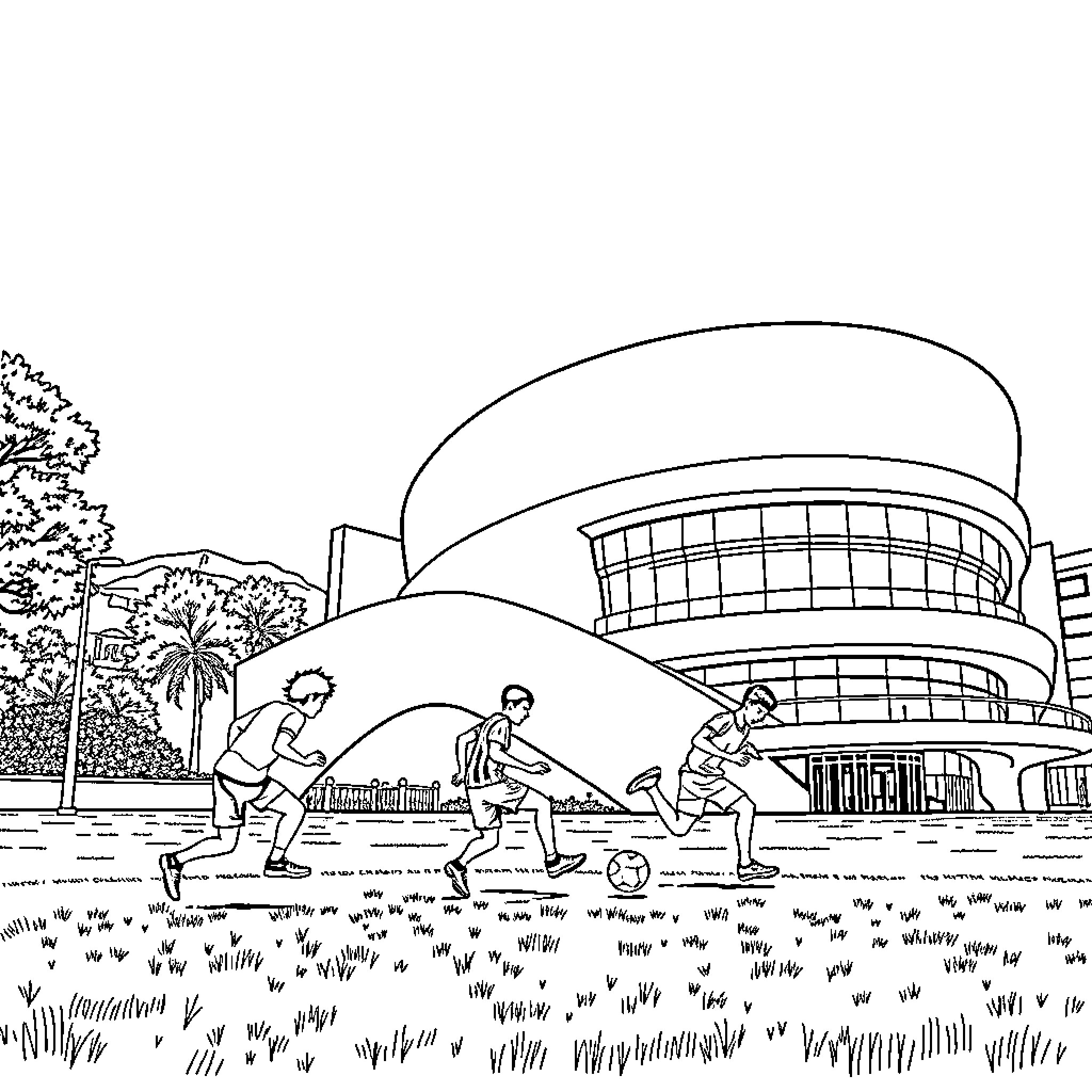Huntrix playing sports near futuristic architecture Coloring Page (free black-and-white line drawing printable PDF for all, from beginners to advanced learners, including children, teens, adults, and seniors)