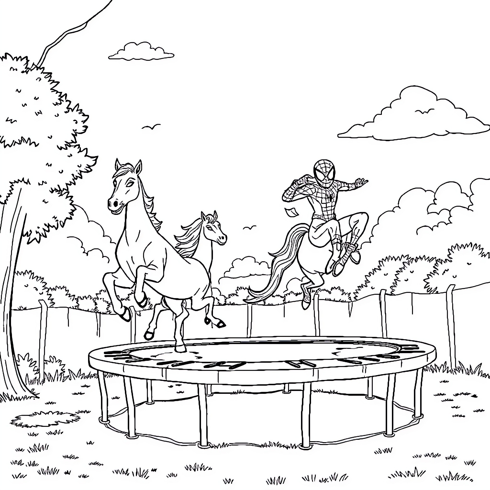 Spiderman leaping on a trampoline with horses Coloring Page (free black-and-white line drawing printable PDF for all, from beginners to advanced learners, including children, teens, adults, and seniors)