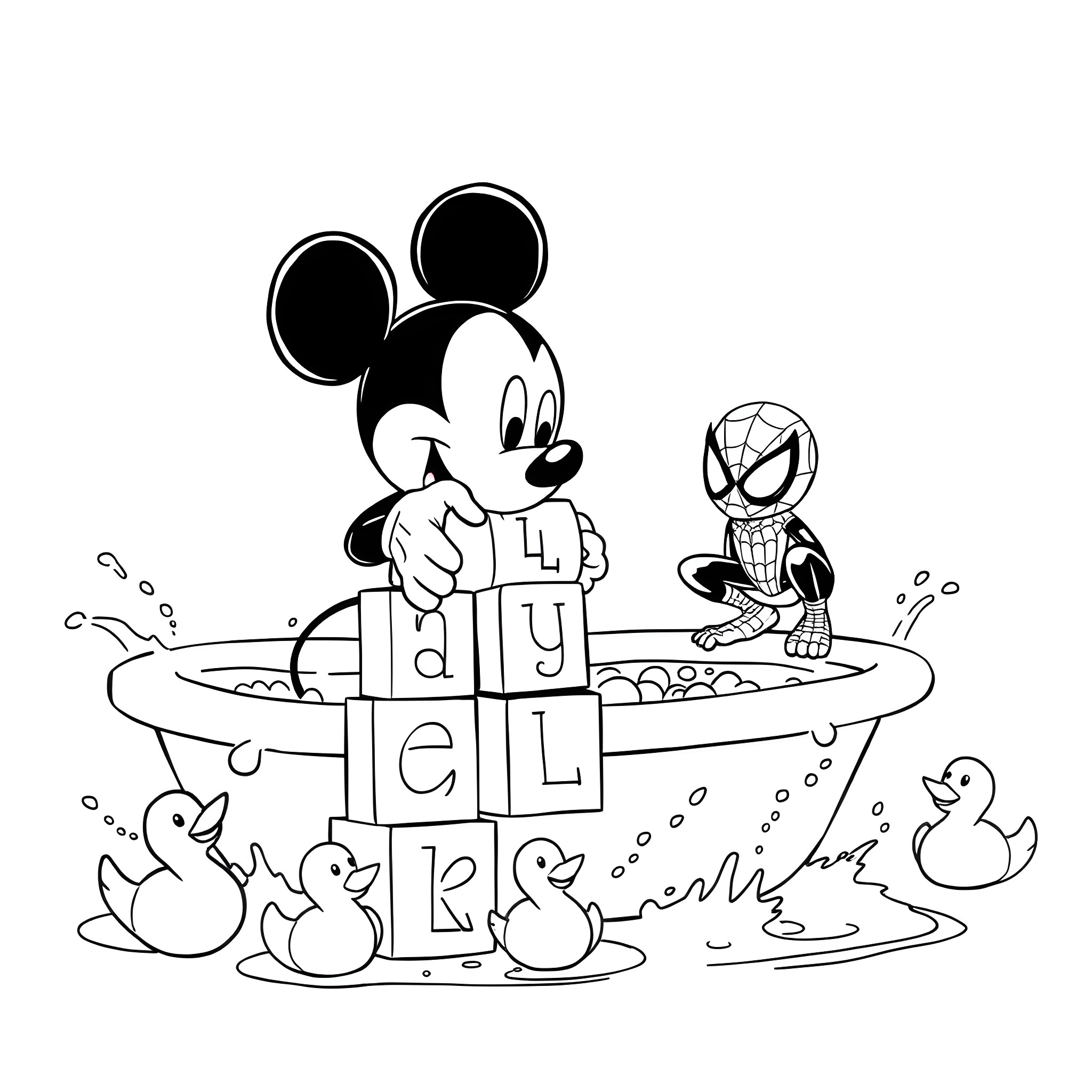 Mickey Mouse playing with Spiderman in the bathtub Coloring Page (free black-and-white line drawing printable PDF for all, from beginners to advanced learners, including children, teens, adults, and seniors)