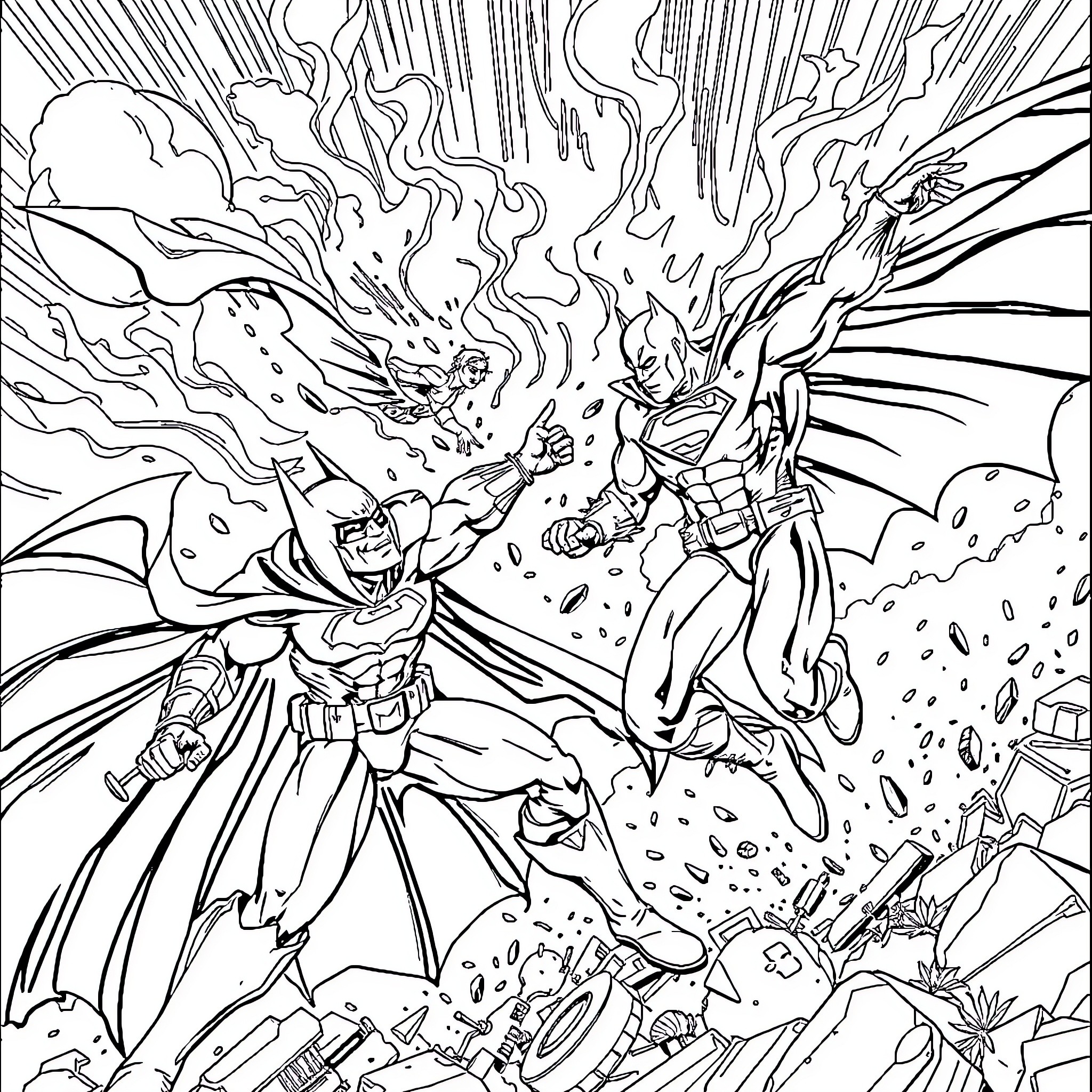 Superman Fighting Fierce Villains in Epic Battle Coloring Page (free black-and-white line drawing printable PDF for all, from beginners to advanced learners, including children, teens, adults, and seniors)