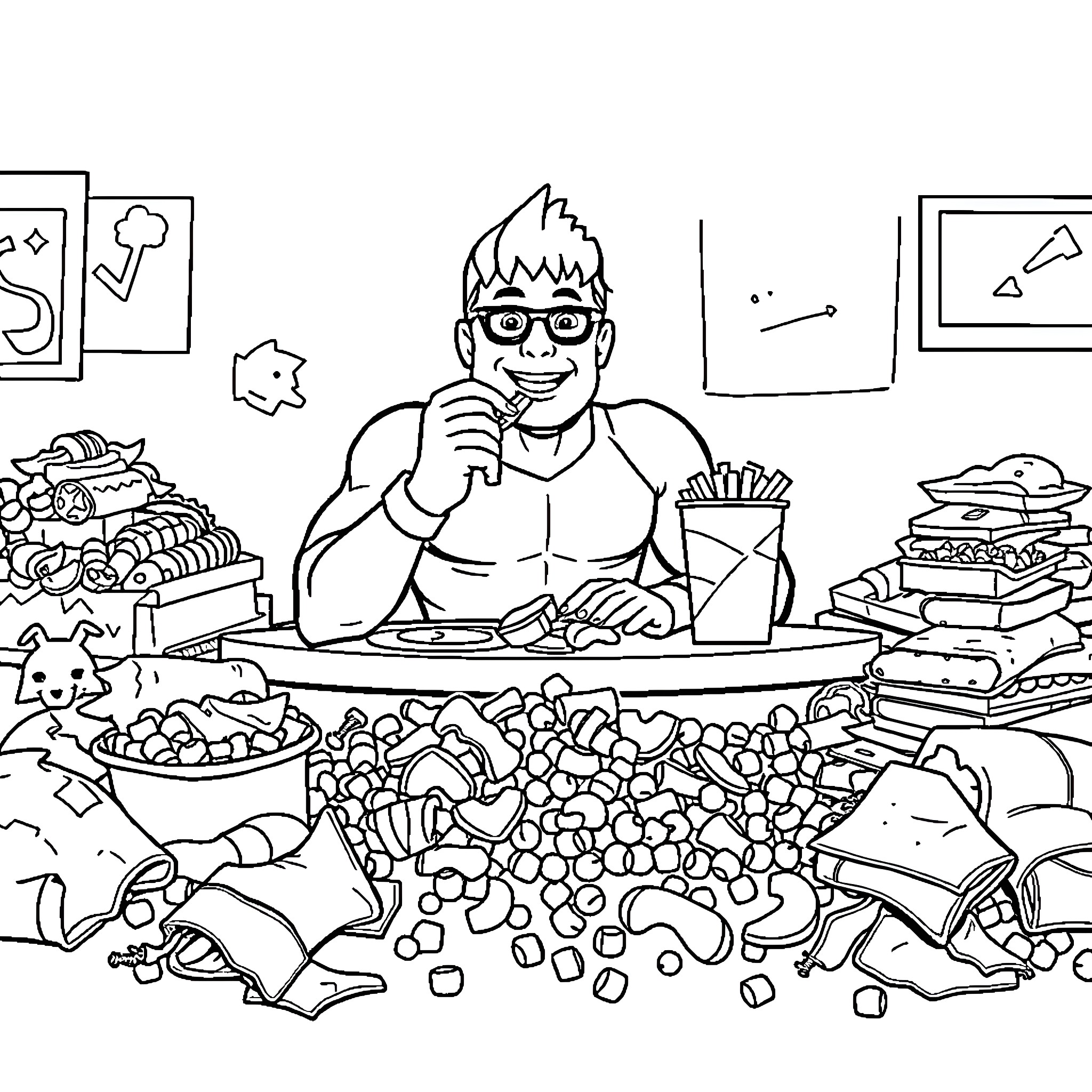 Sportacus enjoying a hearty snack in his lair Coloring Page (free black-and-white line drawing printable PDF for all, from beginners to advanced learners, including children, teens, adults, and seniors)