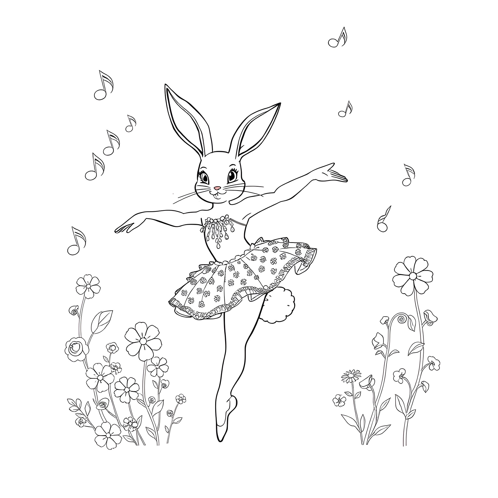 Bunny ballerina dancing among flowers Coloring Page (free black-and-white line drawing printable PDF for all, from beginners to advanced learners, including children, teens, adults, and seniors)