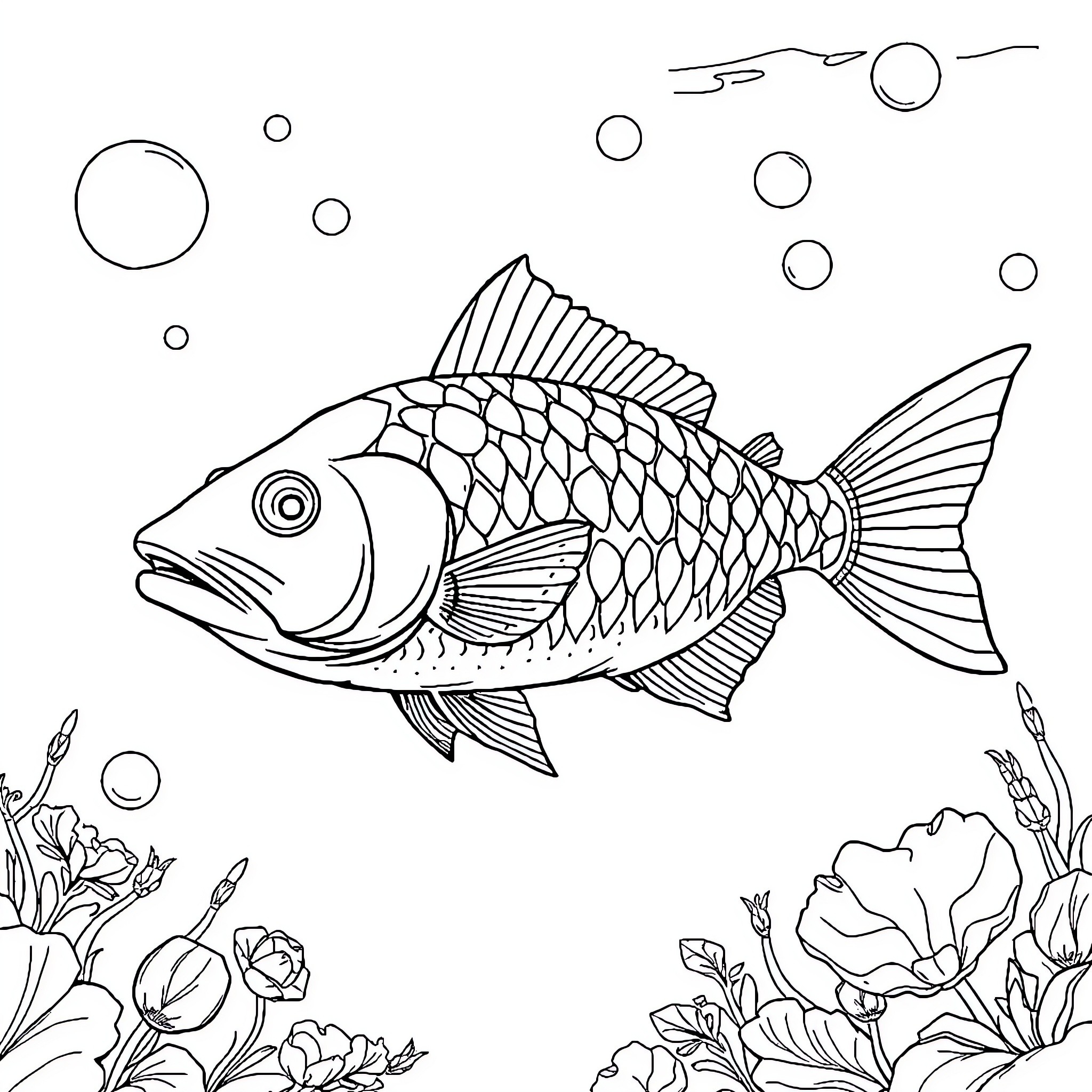 Fish swimming amidst underwater flora and bubbles Coloring Page (free black-and-white line drawing printable PDF for all, from beginners to advanced learners, including children, teens, adults, and seniors)