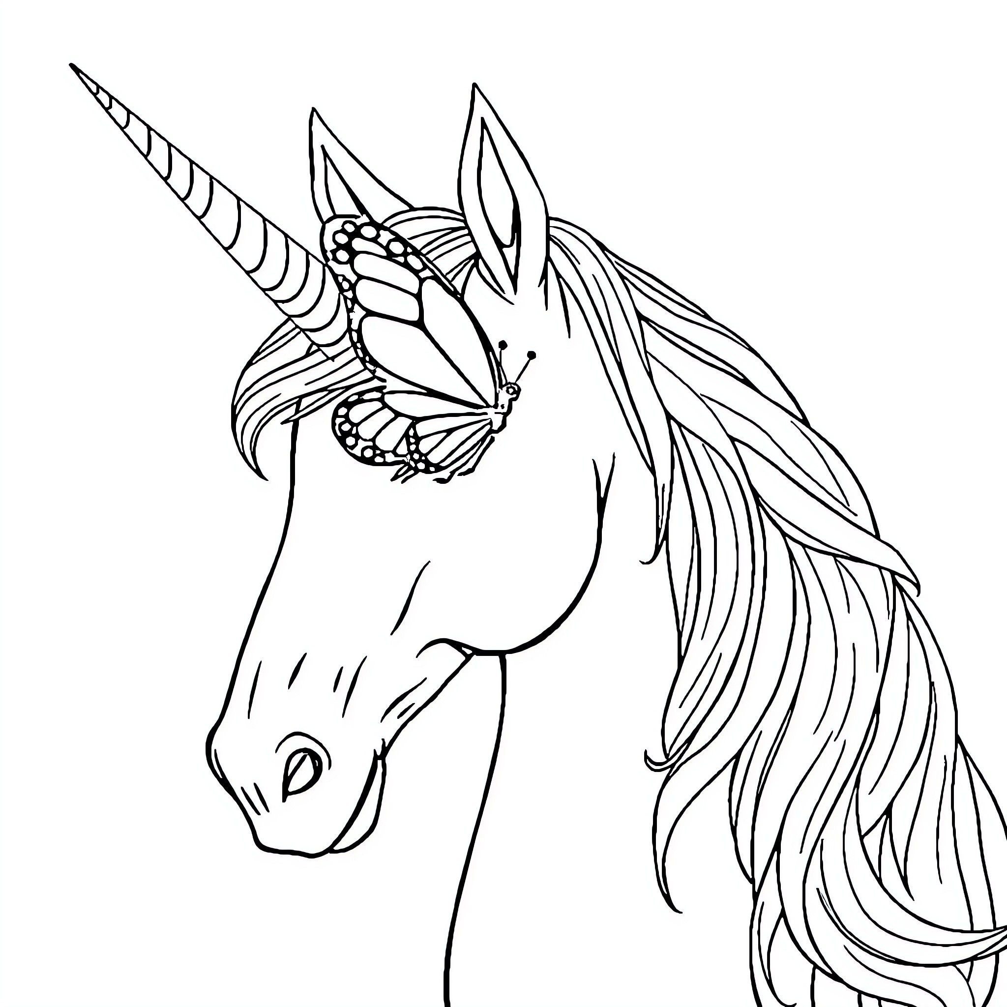Butterfly-winged Unicorn in Monochrome Coloring Page (free black-and-white line drawing printable PDF for all, from beginners to advanced learners, including children, teens, adults, and seniors)