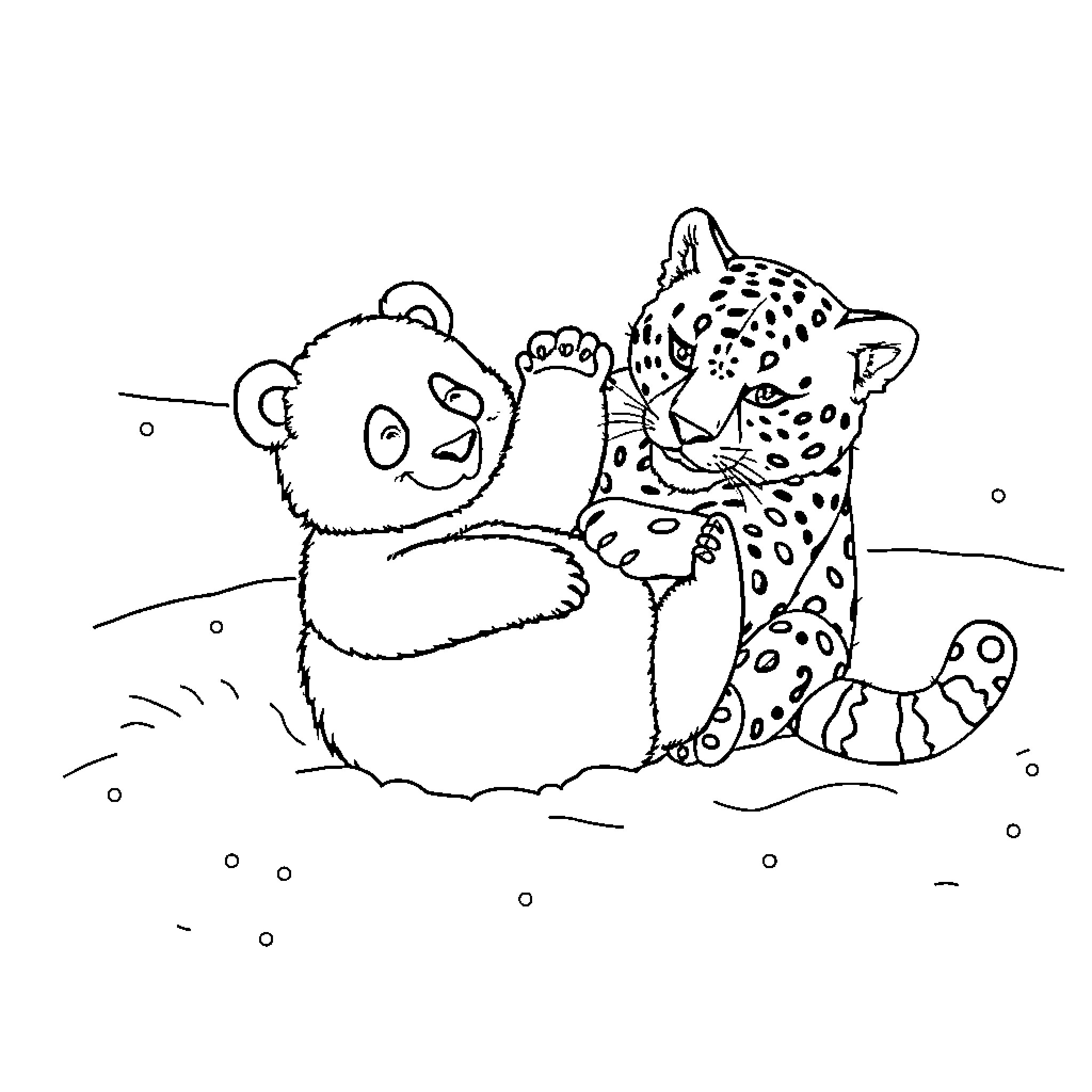 Panda and Leopard Playing Together in the Snow Coloring Page (free black-and-white line drawing printable PDF for all, from beginners to advanced learners, including children, teens, adults, and seniors)
