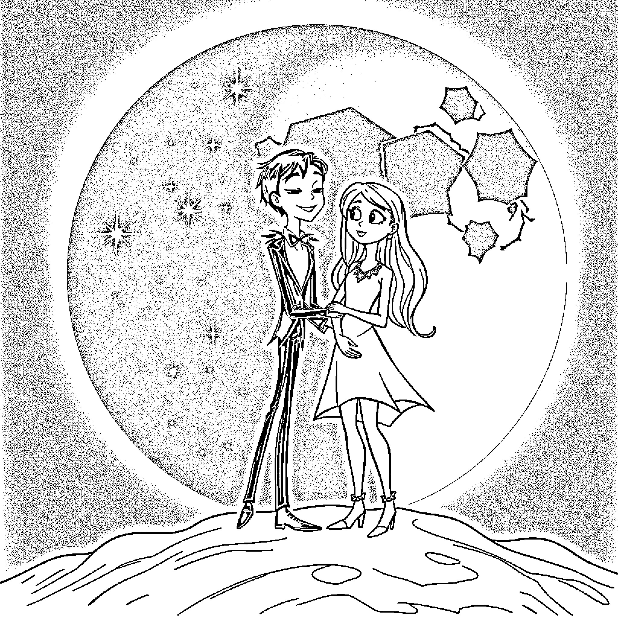Jack and Sally enjoying a starry night together Coloring Page (free black-and-white line drawing printable PDF for all, from beginners to advanced learners, including children, teens, adults, and seniors)