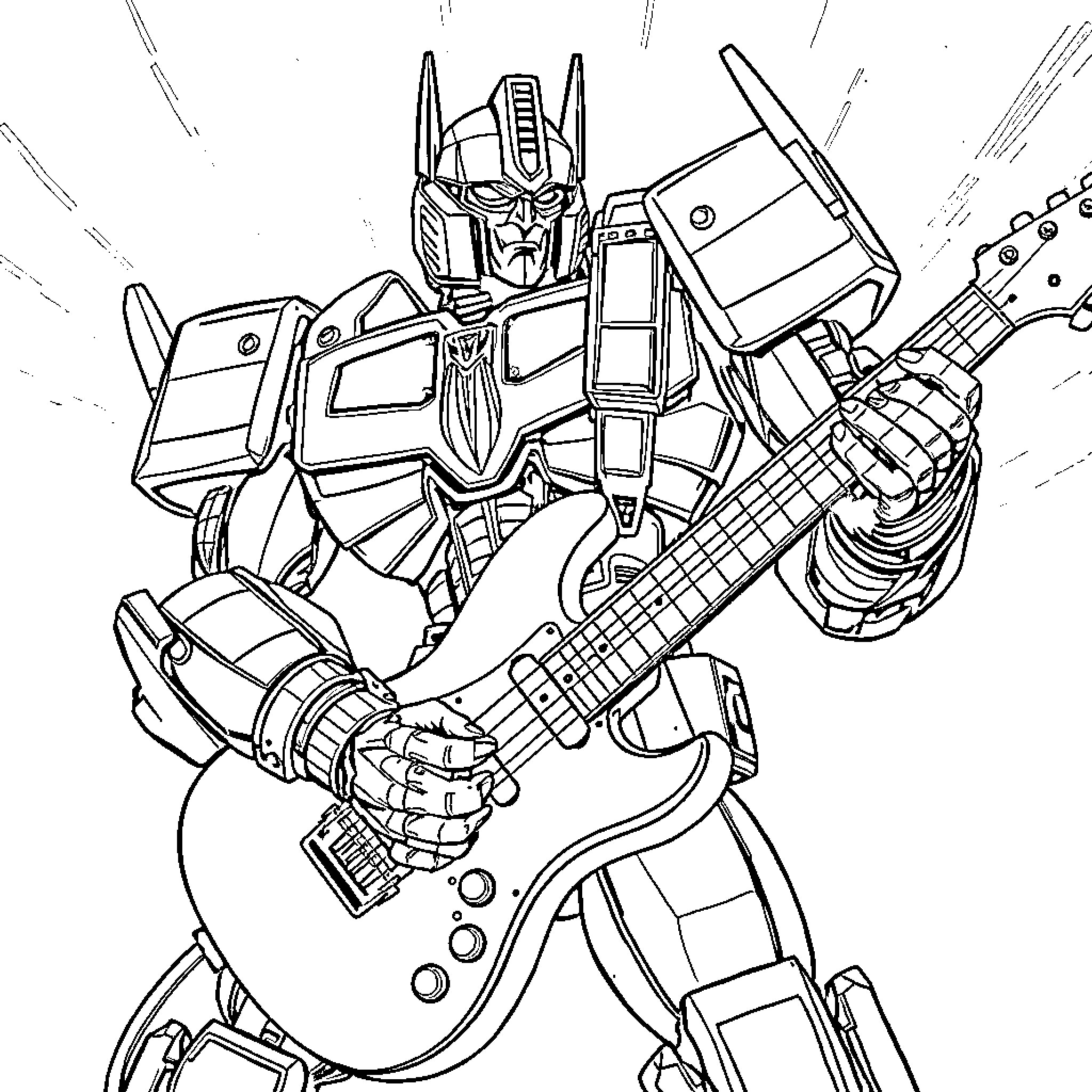 Megatron playing electric guitar in battle gear Coloring Page (free black-and-white line drawing printable PDF for all, from beginners to advanced learners, including children, teens, adults, and seniors)