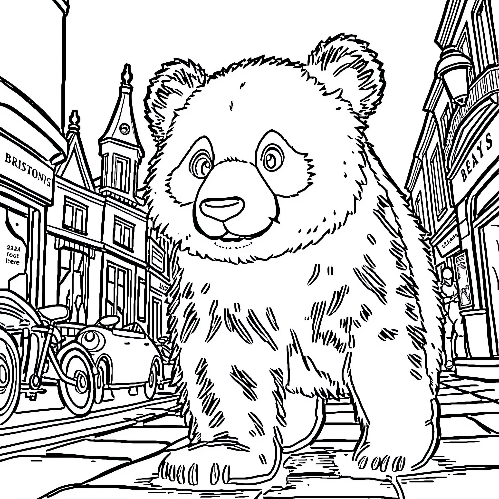 Panda exploring the bustling city streets Coloring Page (free black-and-white line drawing printable PDF for all, from beginners to advanced learners, including children, teens, adults, and seniors)