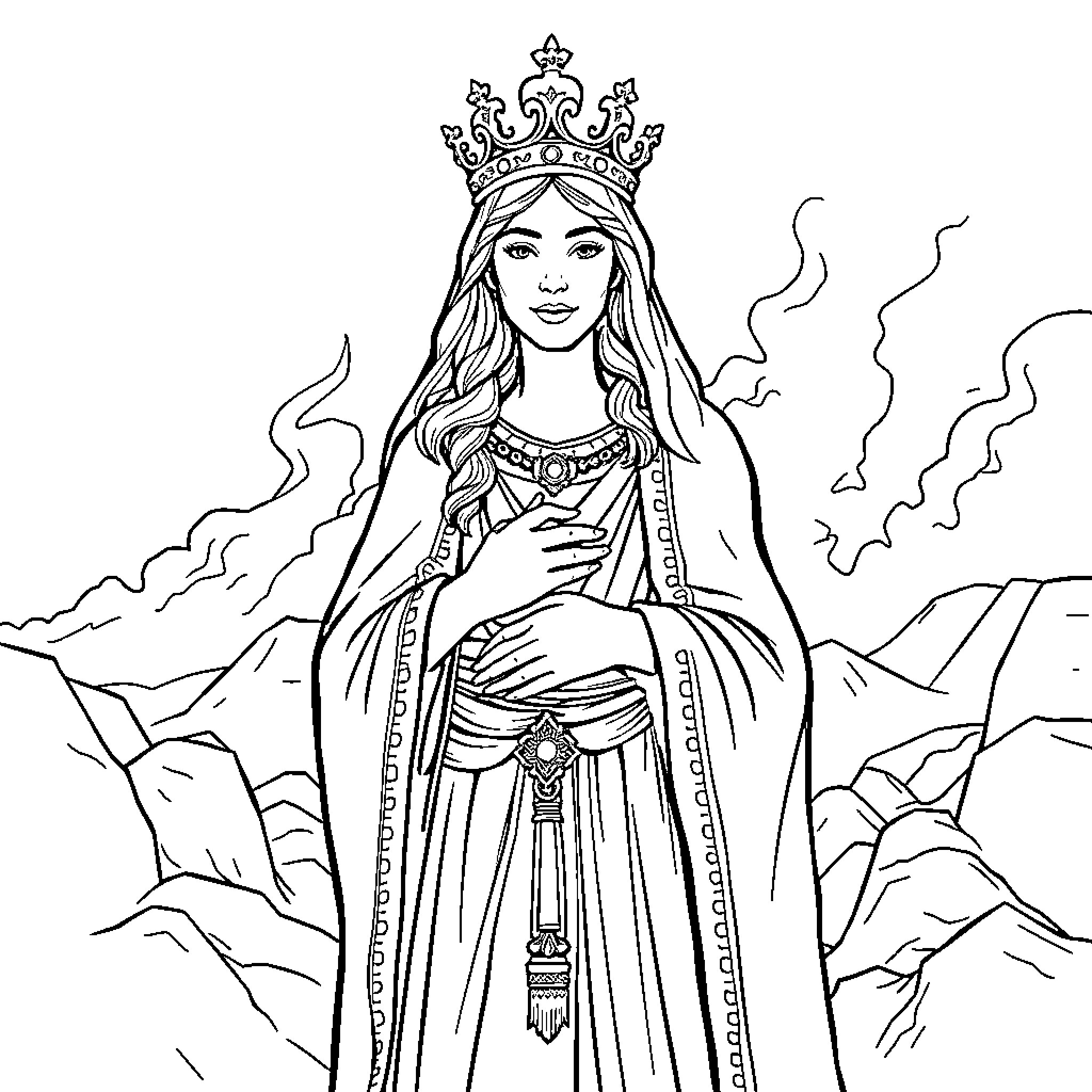 Esther, the regal princess in the mountains Coloring Page (free black-and-white line drawing printable PDF for all, from beginners to advanced learners, including children, teens, adults, and seniors)