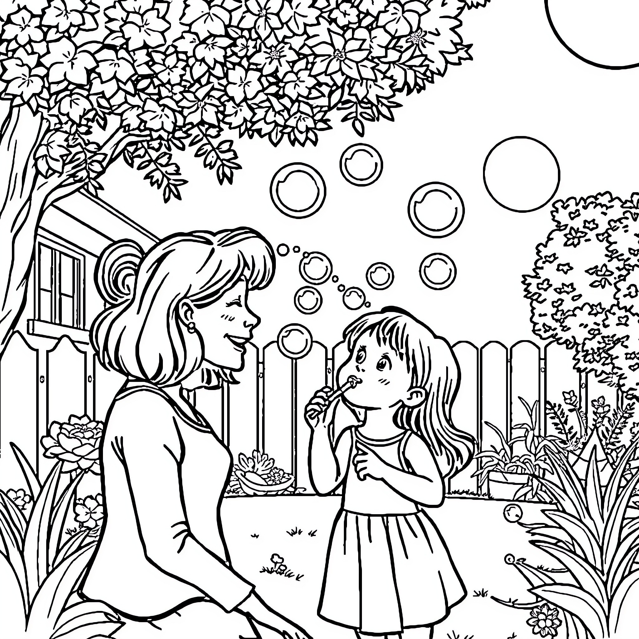 Mommy and daughter blowing bubbles together in a garden Coloring Page (free black-and-white line drawing printable PDF for all, from beginners to advanced learners, including children, teens, adults, and seniors)