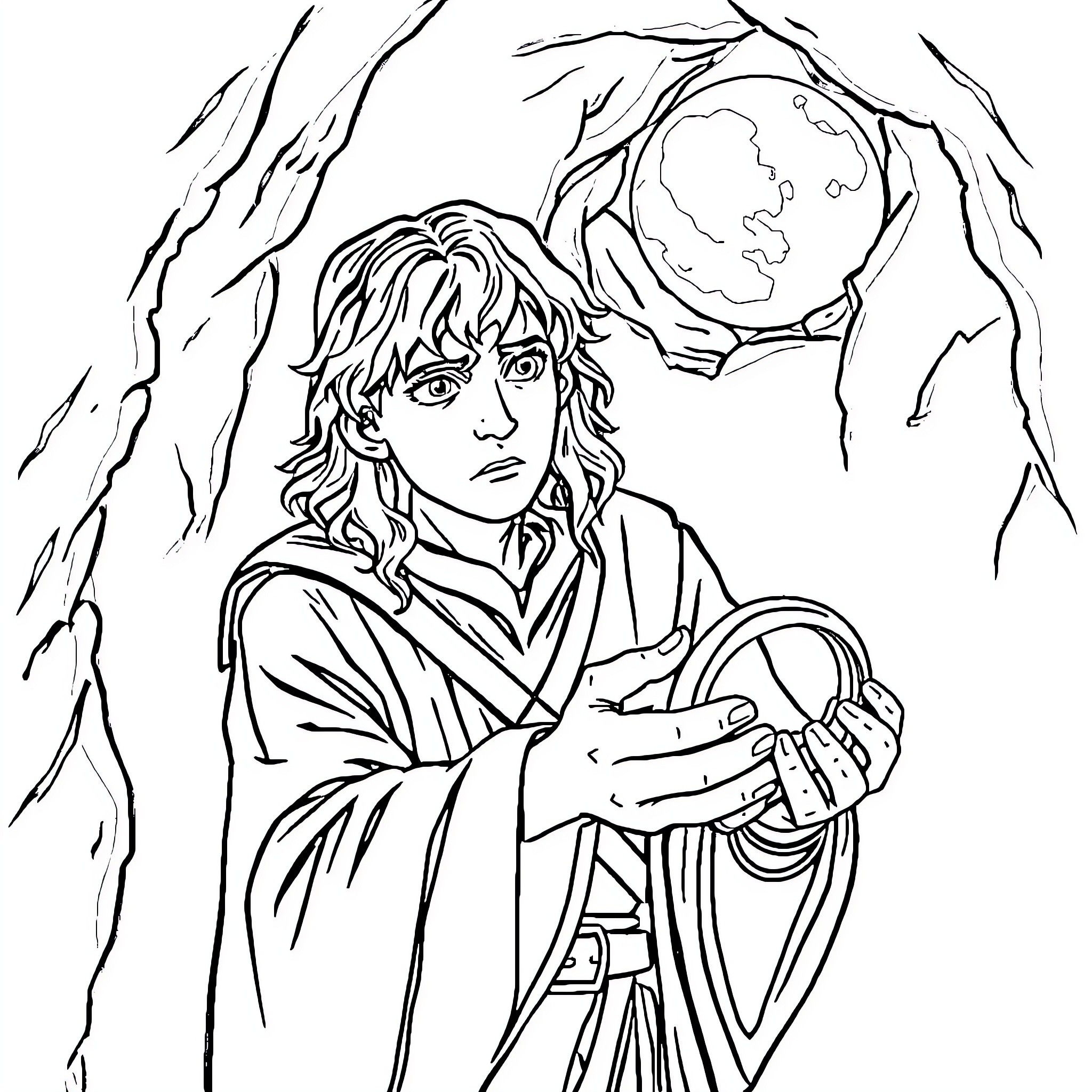 Frodo's Perilous Journey Through the Enchanted Forest Coloring Page (free black-and-white line drawing printable PDF for all, from beginners to advanced learners, including children, teens, adults, and seniors)