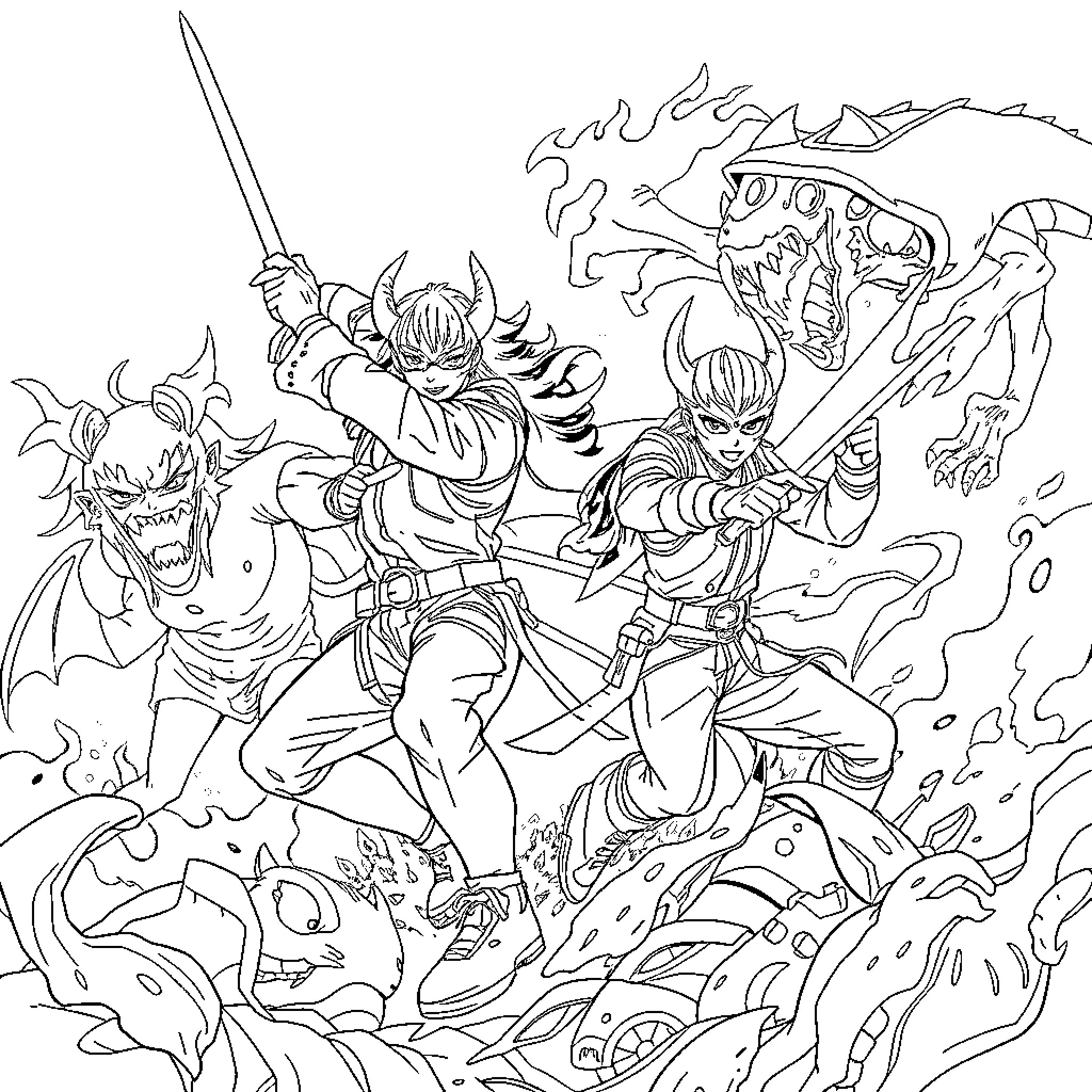 Demon Hunter Battles Fierce Monsters in Intense Confrontation Coloring Page (free black-and-white line drawing printable PDF for all, from beginners to advanced learners, including children, teens, adults, and seniors)