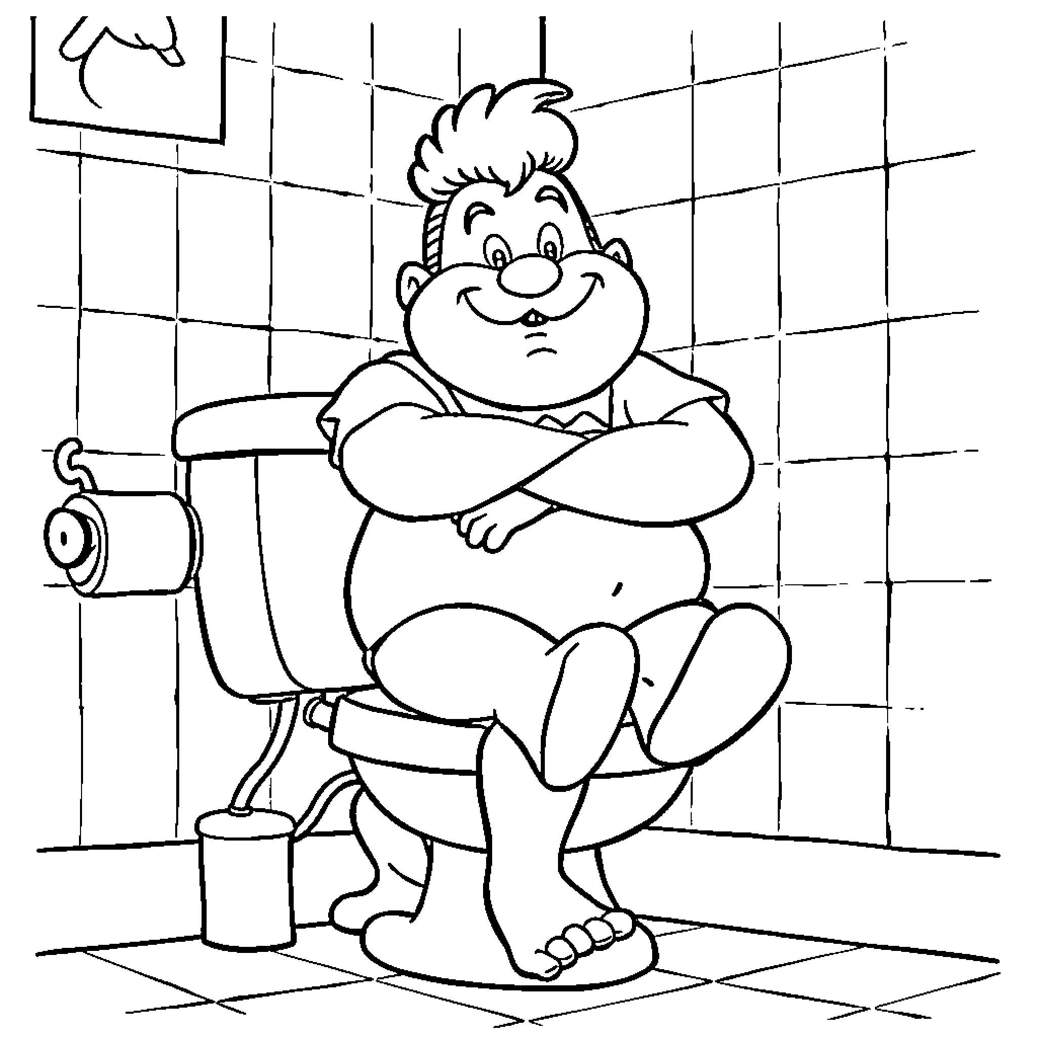 Fat Albert Sitting on the Toilet Coloring Page (free black-and-white line drawing printable PDF for all, from beginners to advanced learners, including children, teens, adults, and seniors)