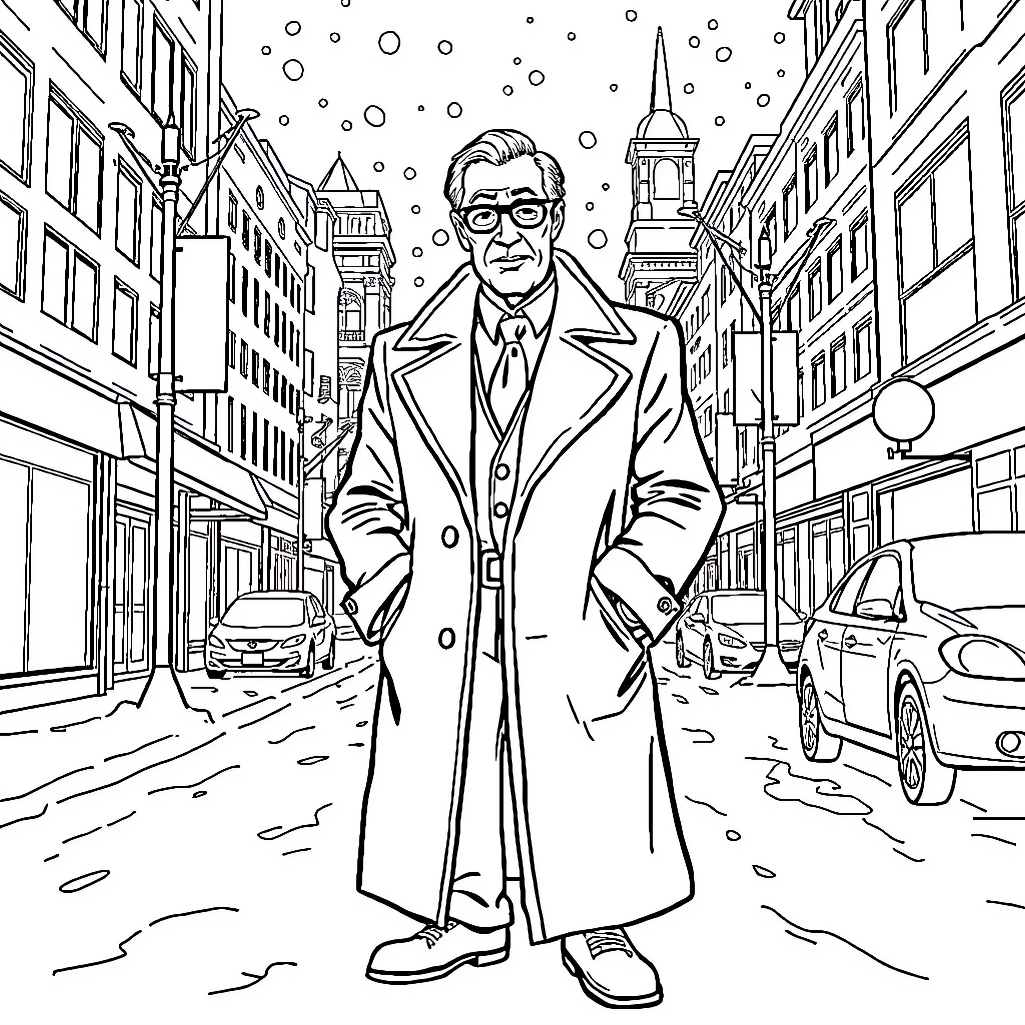 Freeze Corleone's Winter Stroll on a Snowy City Street Coloring Page (free black-and-white line drawing printable PDF for all, from beginners to advanced learners, including children, teens, adults, and seniors)