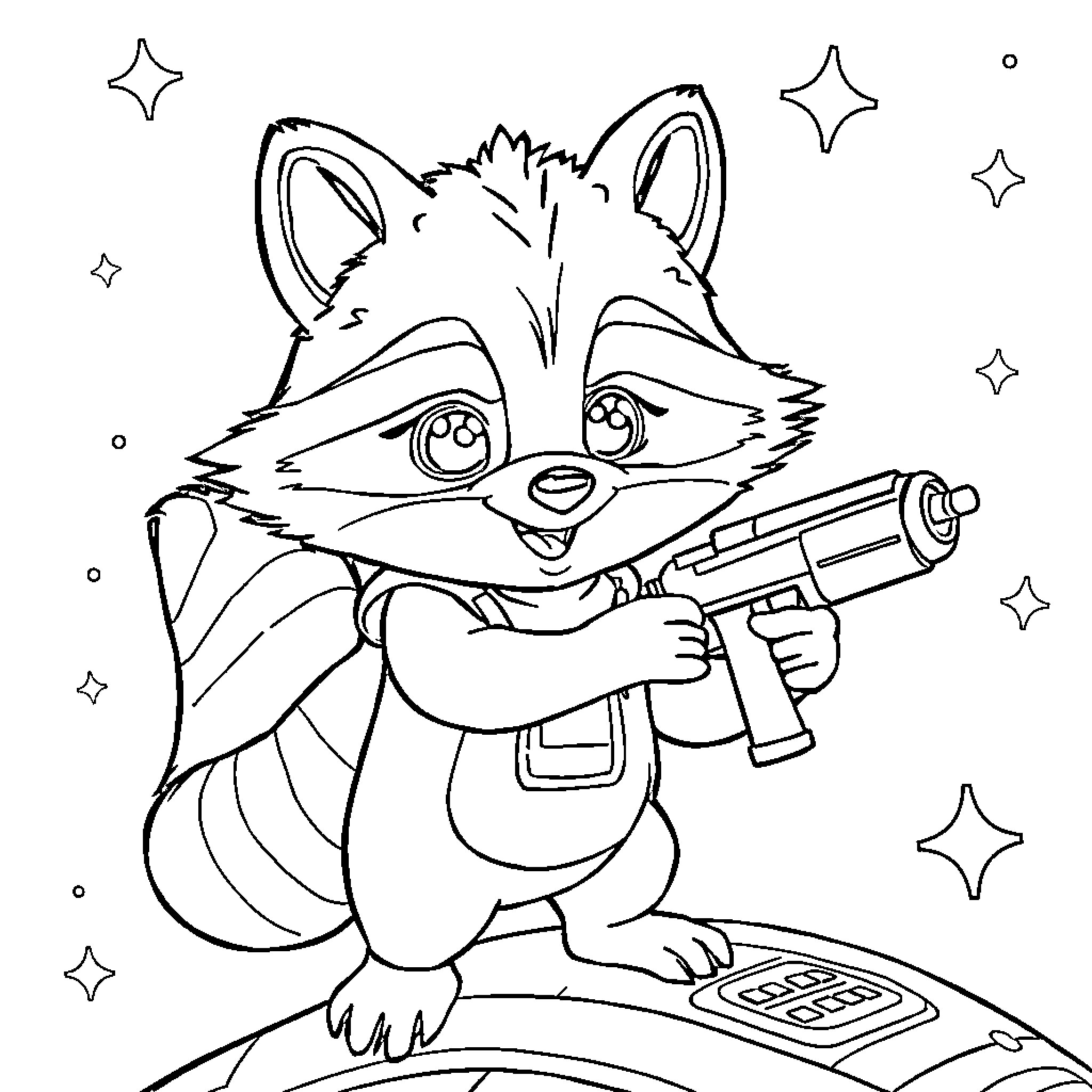 Rocket-wielding raccoon in action Coloring Page (free black-and-white line drawing printable PDF for all, from beginners to advanced learners, including children, teens, adults, and seniors)