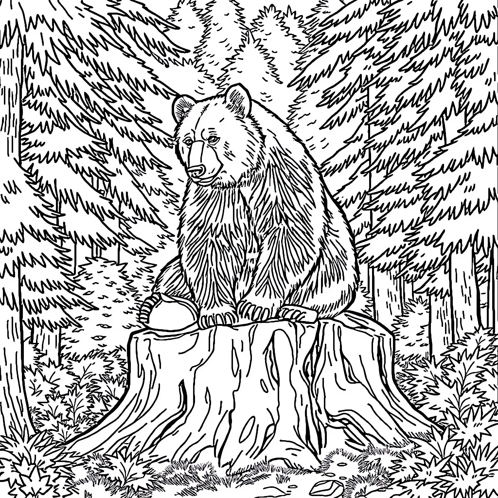 Bear sitting on a tree stump in the forest Coloring Page (free black-and-white line drawing printable PDF for all, from beginners to advanced learners, including children, teens, adults, and seniors)