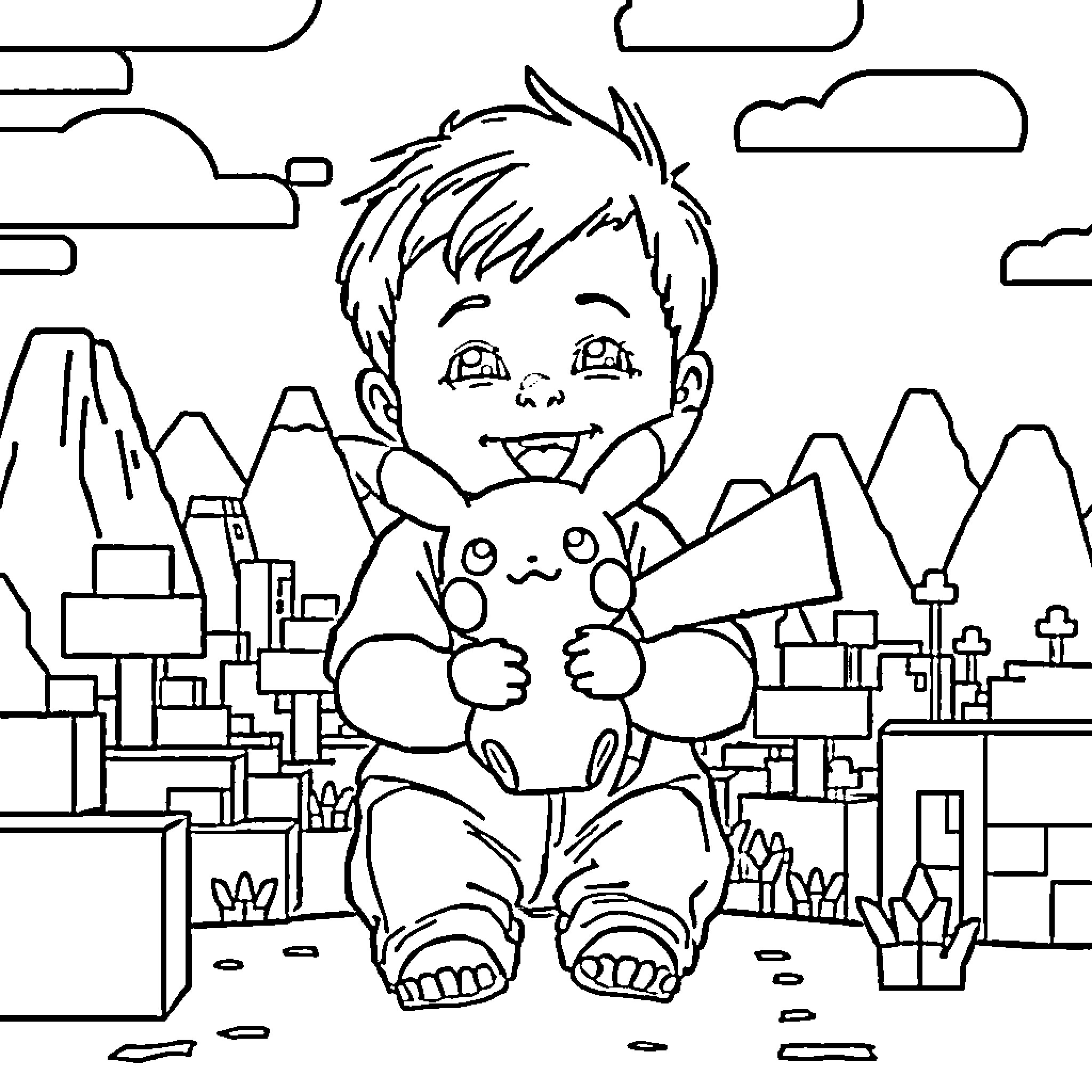 Baby playing happily with plush toy in the city Coloring Page (free black-and-white line drawing printable PDF for all, from beginners to advanced learners, including children, teens, adults, and seniors)