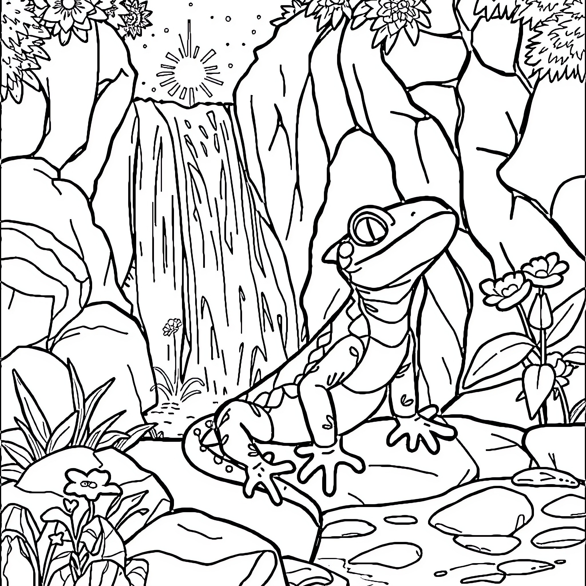 Salamander exploring a lush, magical landscape Coloring Page (free black-and-white line drawing printable PDF for all, from beginners to advanced learners, including children, teens, adults, and seniors)