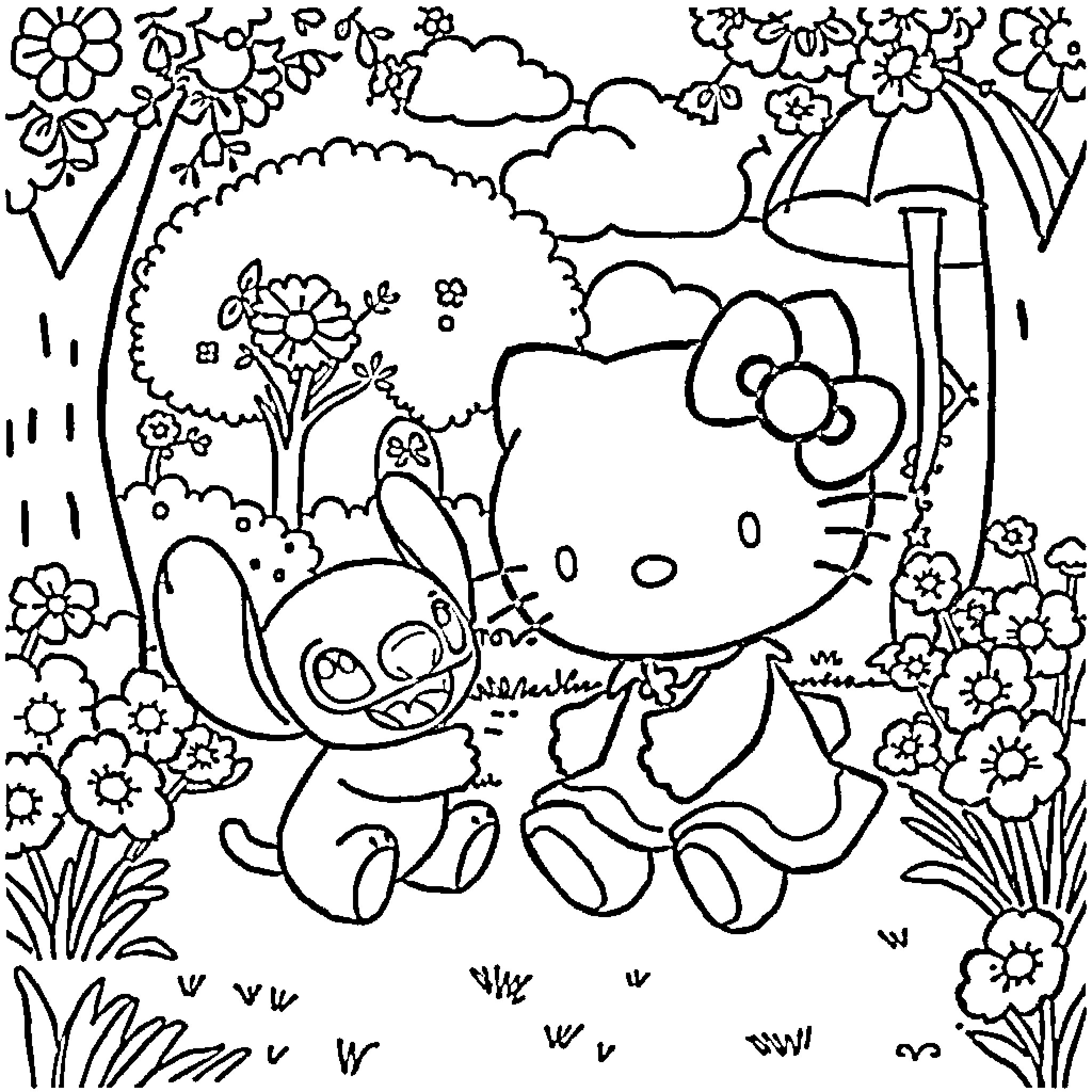 Hello Kitty's Rainy Day Adventure Coloring Page (free black-and-white line drawing printable PDF for all, from beginners to advanced learners, including children, teens, adults, and seniors)