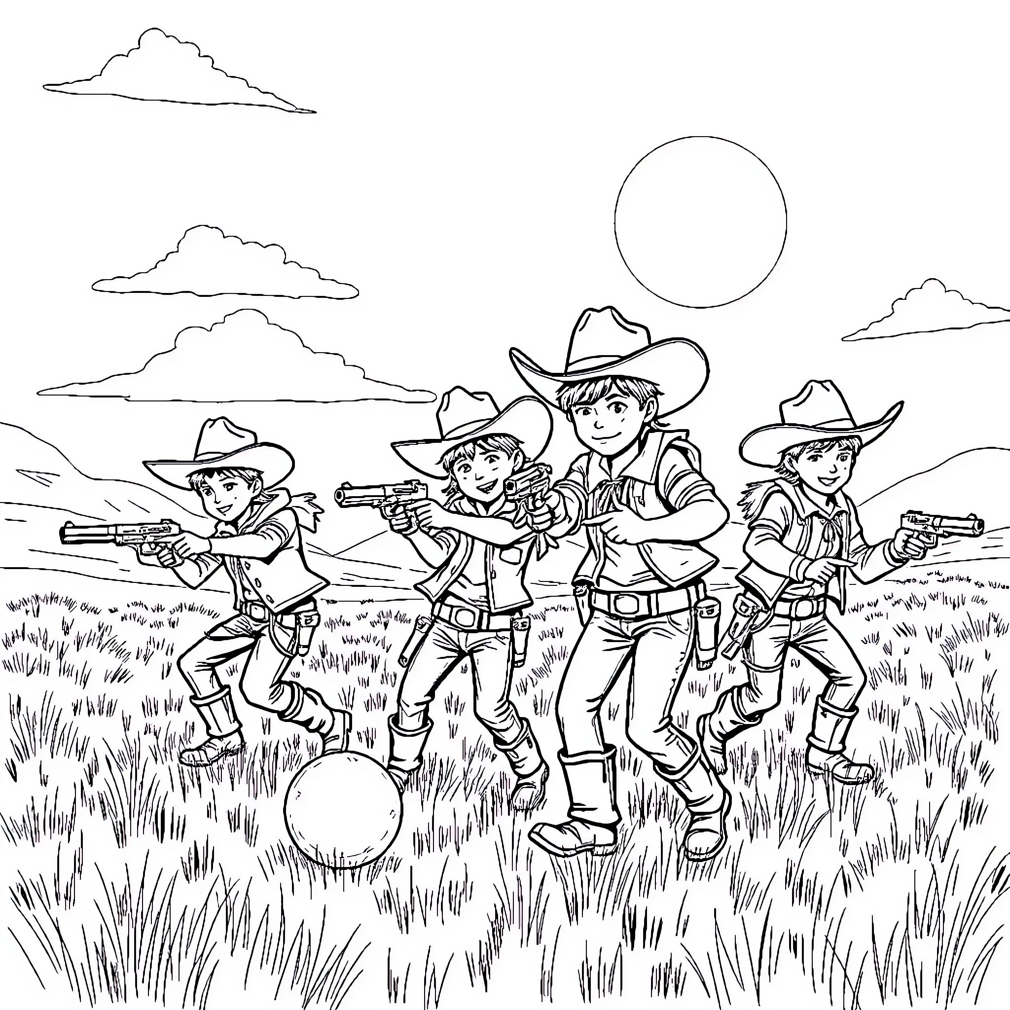 Cowboy Gang Riding Horses and Firing Guns in the Countryside Coloring Page (free black-and-white line drawing printable PDF for all, from beginners to advanced learners, including children, teens, adults, and seniors)
