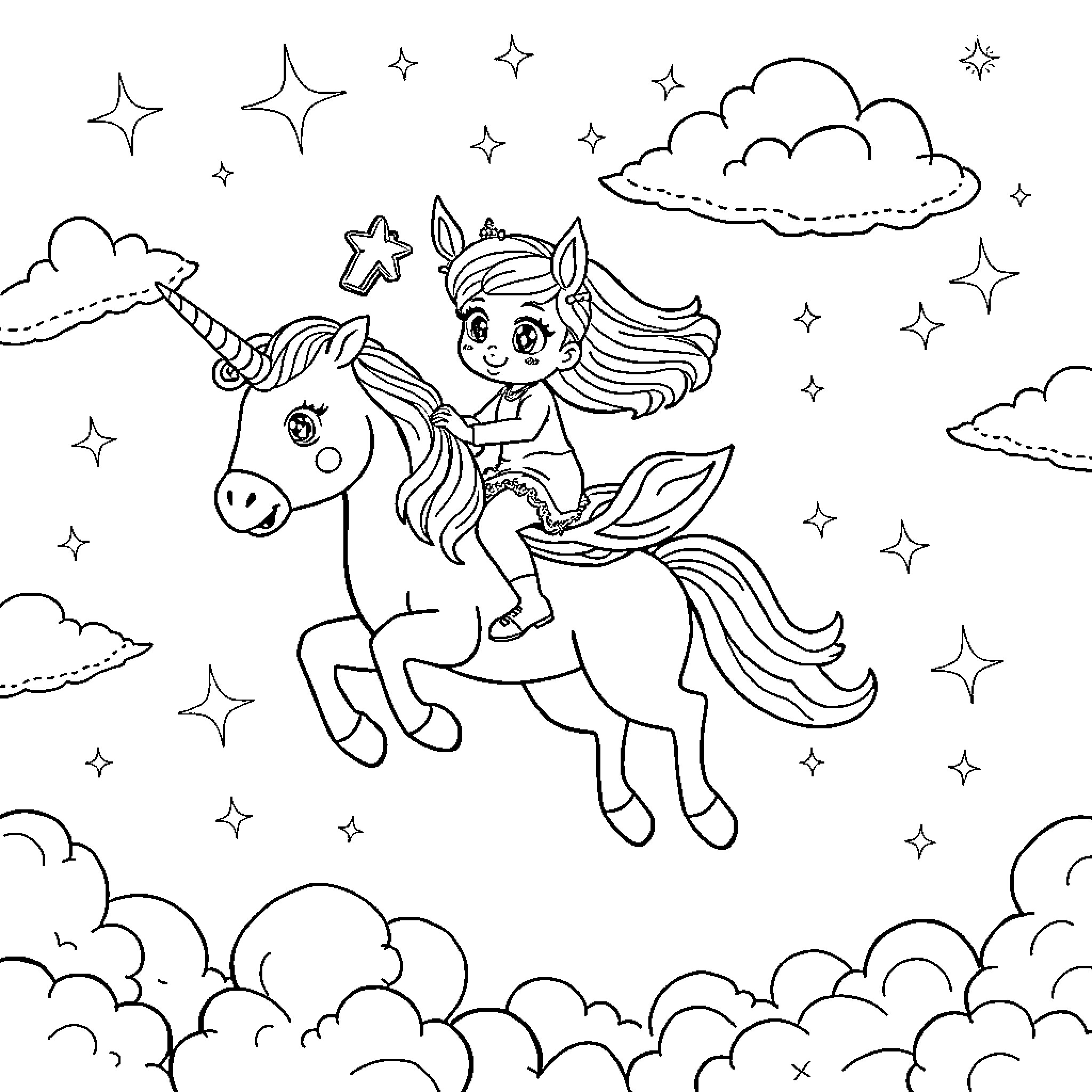 Bluey's Magical Unicorn Adventure Coloring Page (free black-and-white line drawing printable PDF for all, from beginners to advanced learners, including children, teens, adults, and seniors)