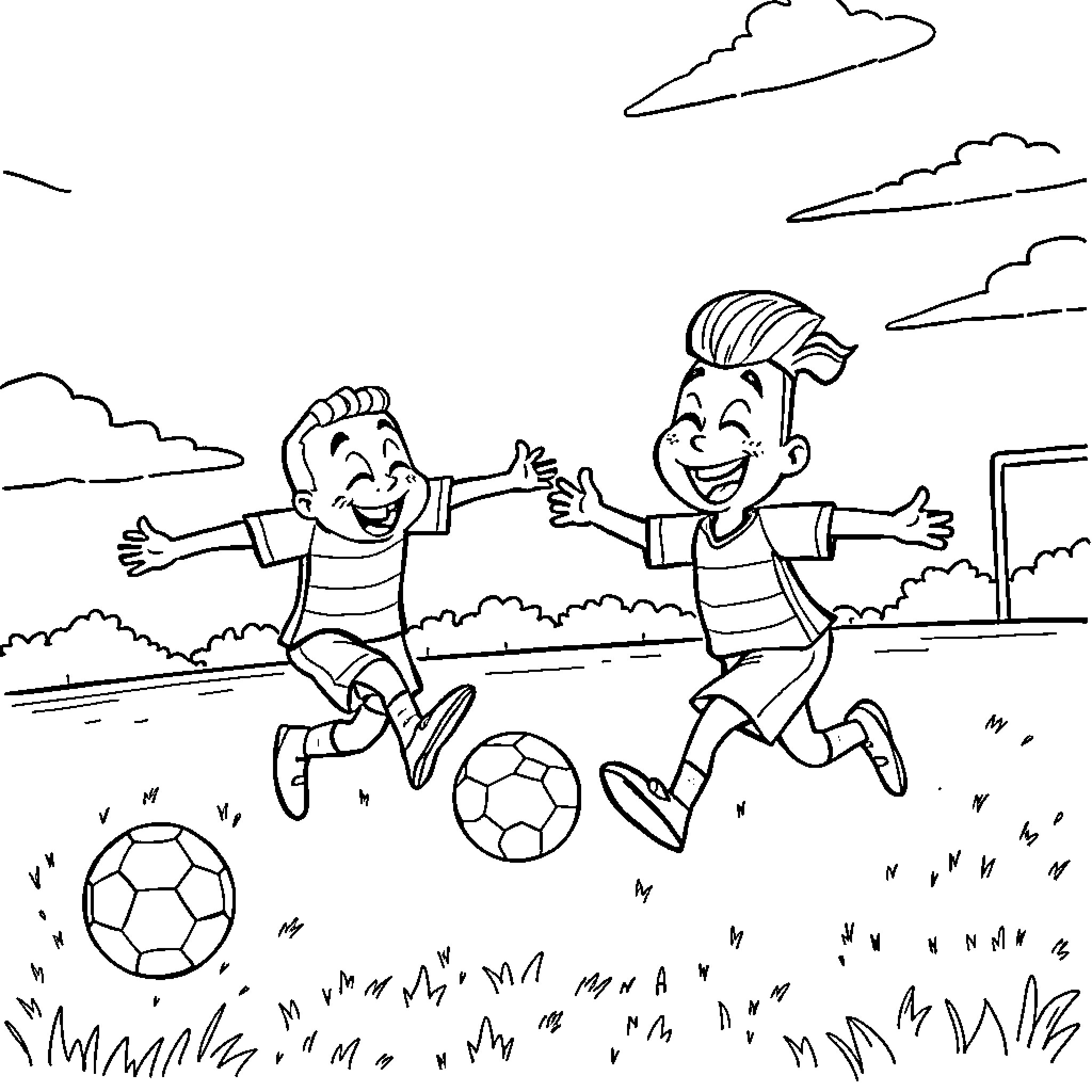 Futbol players enjoying a friendly game outdoors Coloring Page (free black-and-white line drawing printable PDF for all, from beginners to advanced learners, including children, teens, adults, and seniors)