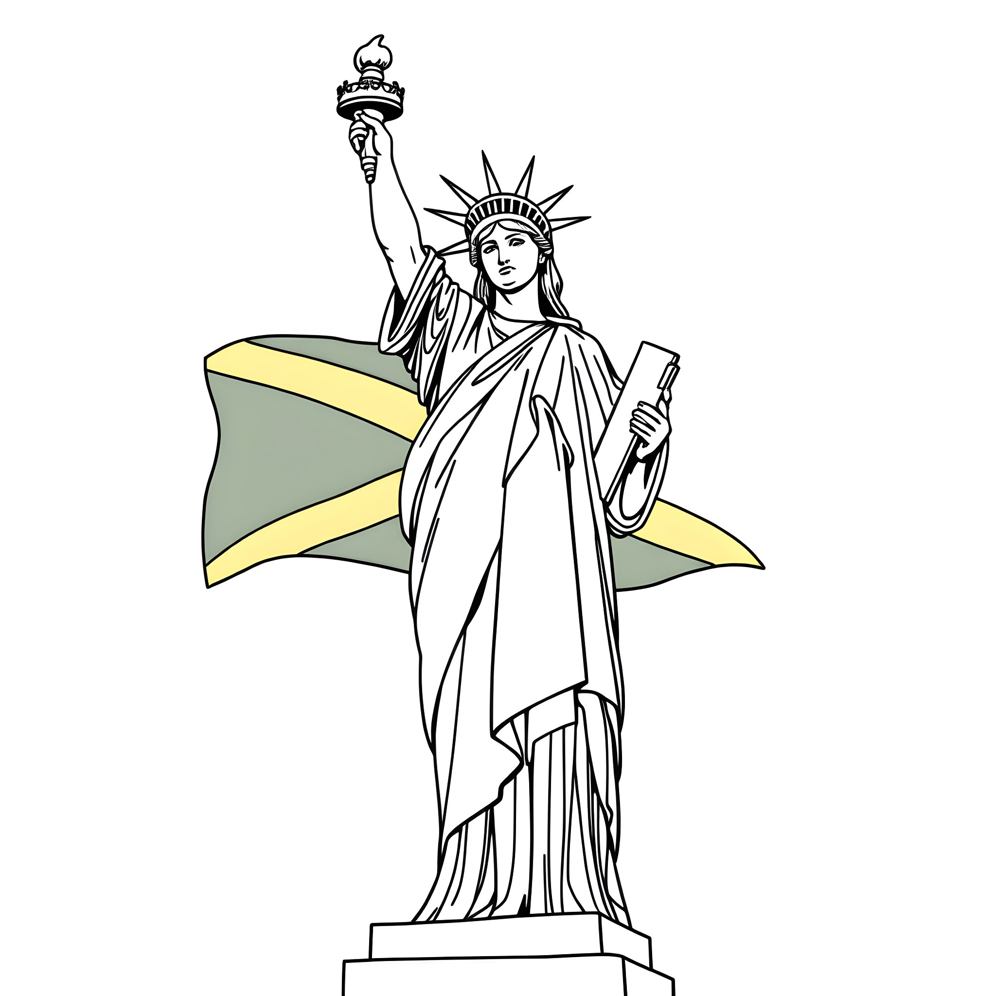 Statue Of Liberty holding torch and book on pedestal Coloring Page (free black-and-white line drawing printable PDF for all, from beginners to advanced learners, including children, teens, adults, and seniors)