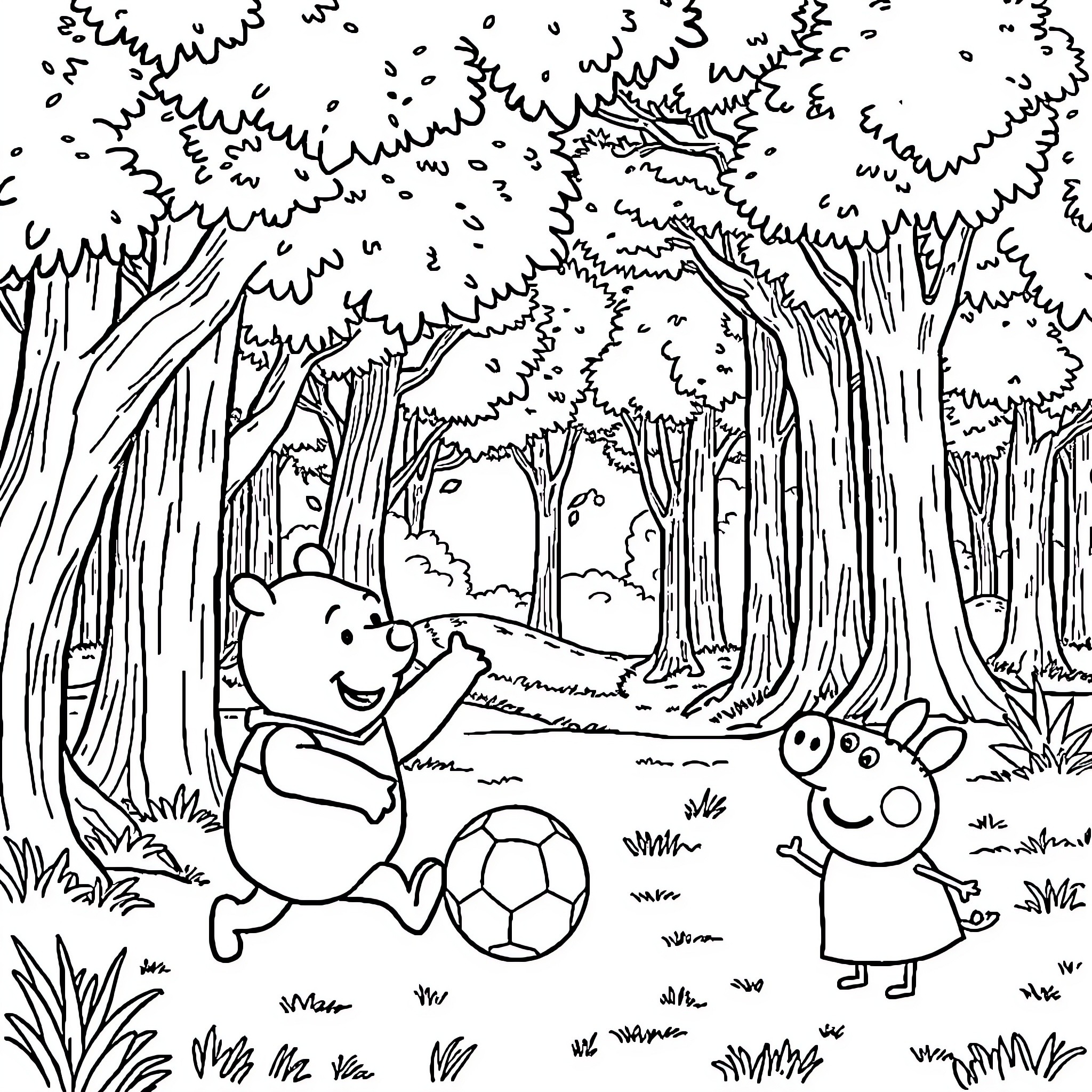 Winnie The Pooh and Friends Enjoying a Playful Adventure in the Woods Coloring Page (free black-and-white line drawing printable PDF for all, from beginners to advanced learners, including children, teens, adults, and seniors)