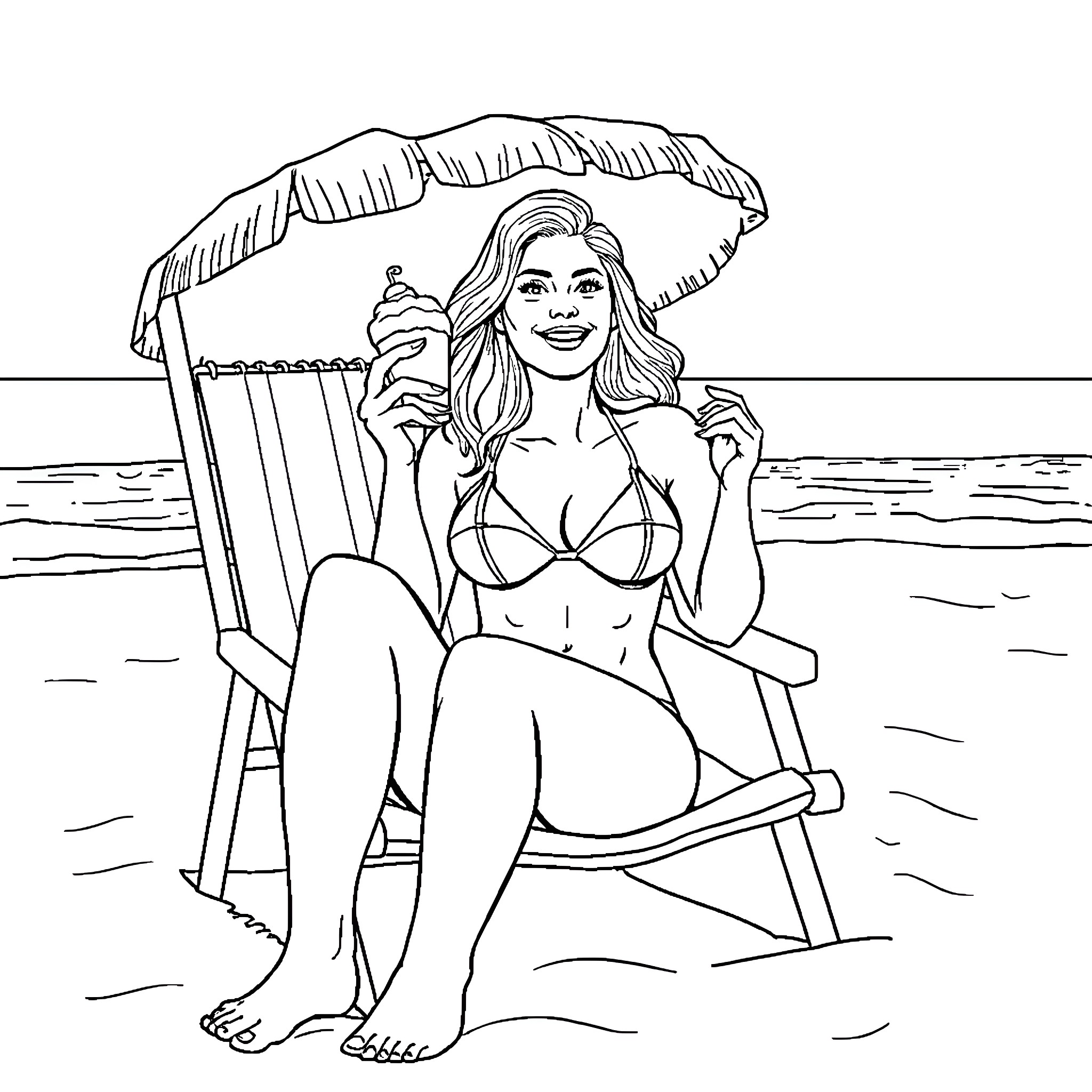 Woman relaxing on beach chair under umbrella Coloring Page (free black-and-white line drawing printable PDF for all, from beginners to advanced learners, including children, teens, adults, and seniors)