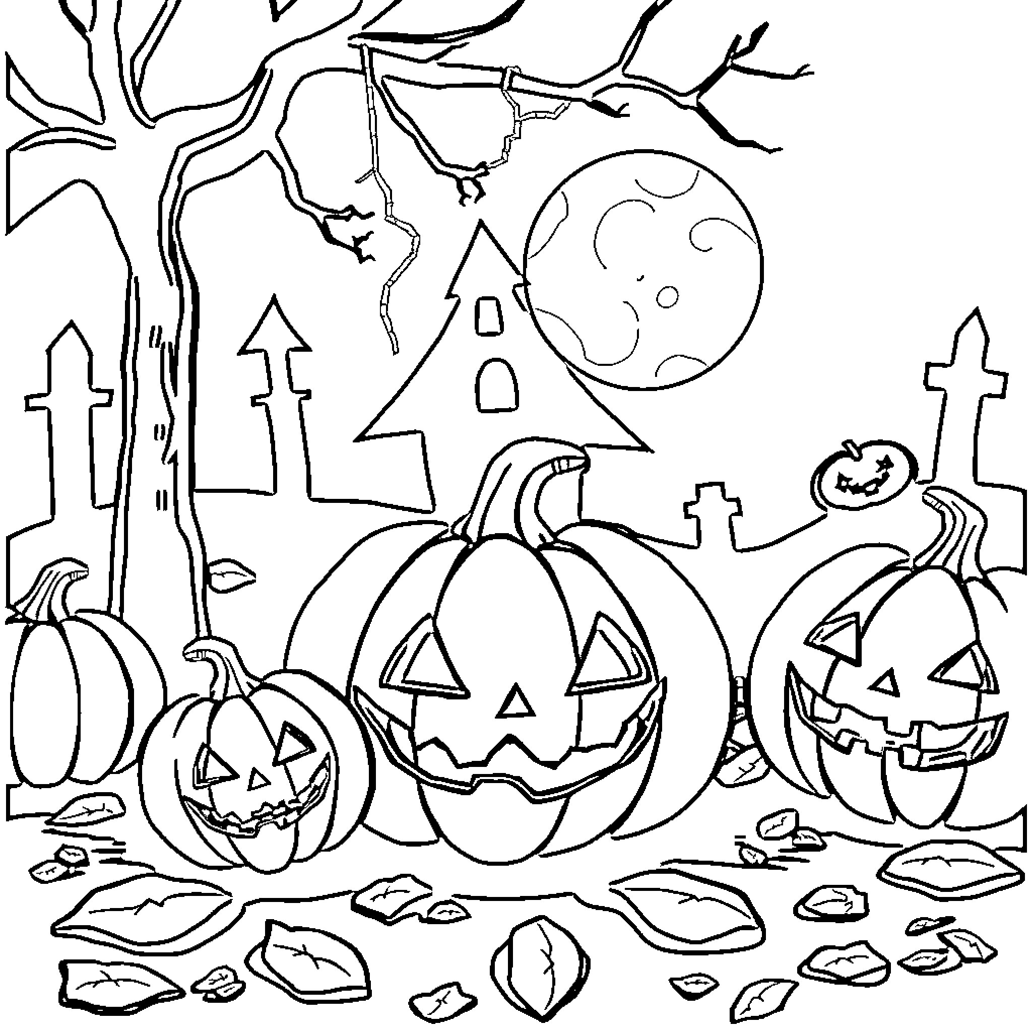 Halloween Pumpkins and Spooky Scenery Coloring Page (free black-and-white line drawing printable PDF for all, from beginners to advanced learners, including children, teens, adults, and seniors)