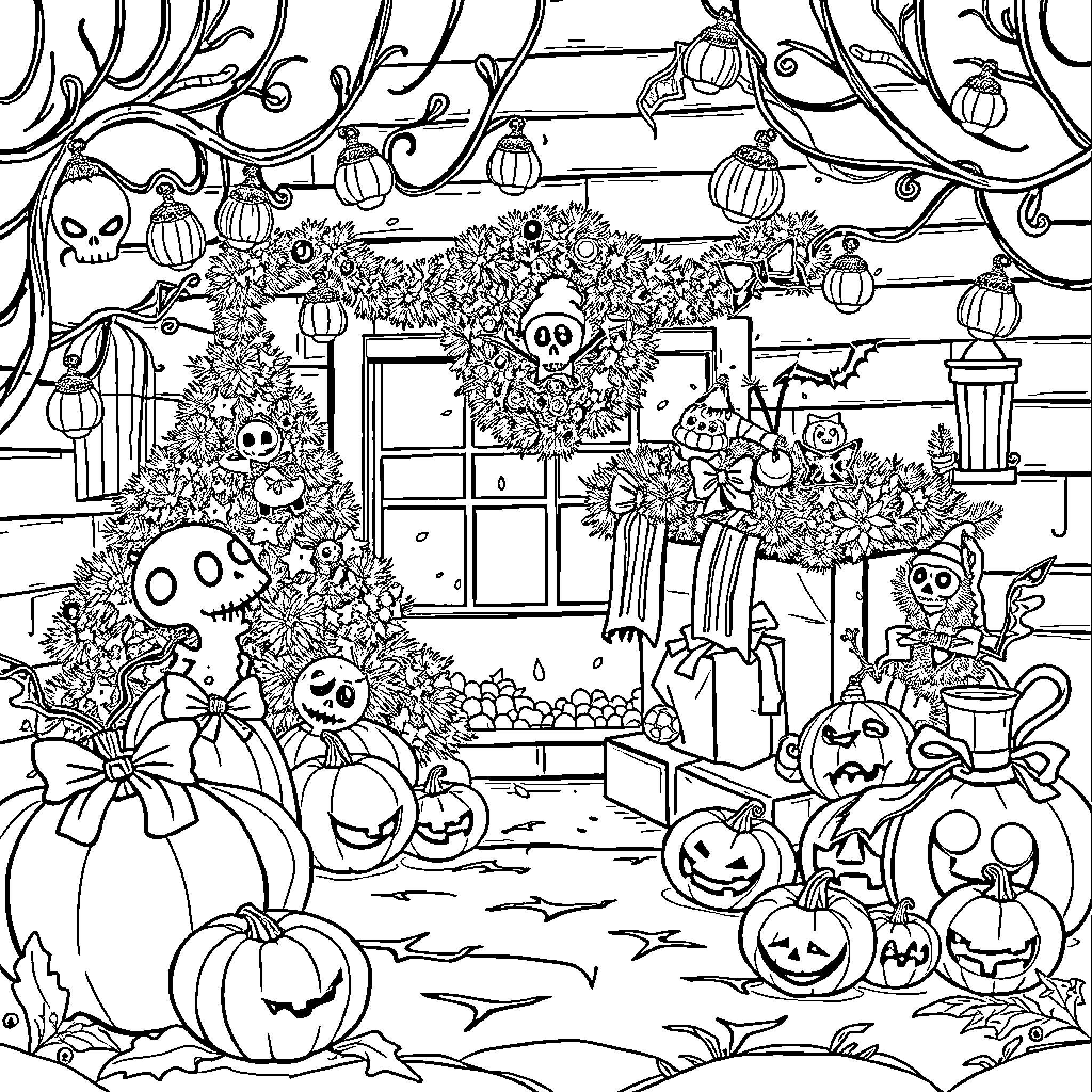 Christmas Celebration in Haunted Wonderland Coloring Page (free black-and-white line drawing printable PDF for all, from beginners to advanced learners, including children, teens, adults, and seniors)