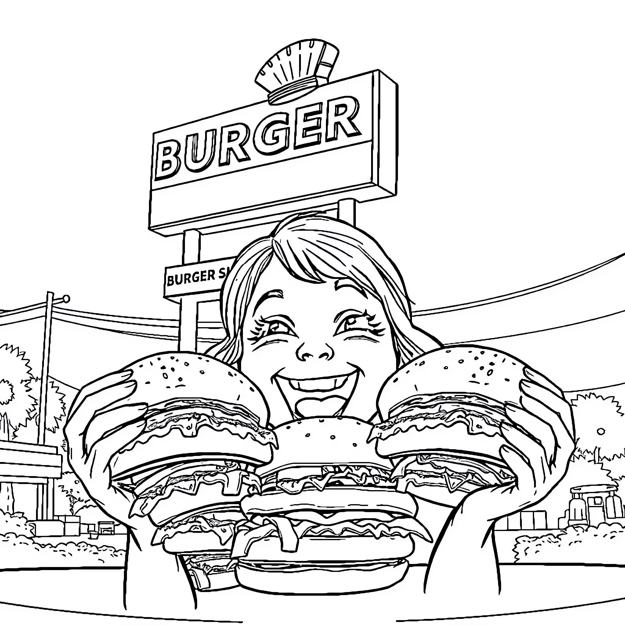 Girl excited over burgers at fast food restaurant Coloring Page (free black-and-white line drawing printable PDF for all, from beginners to advanced learners, including children, teens, adults, and seniors)