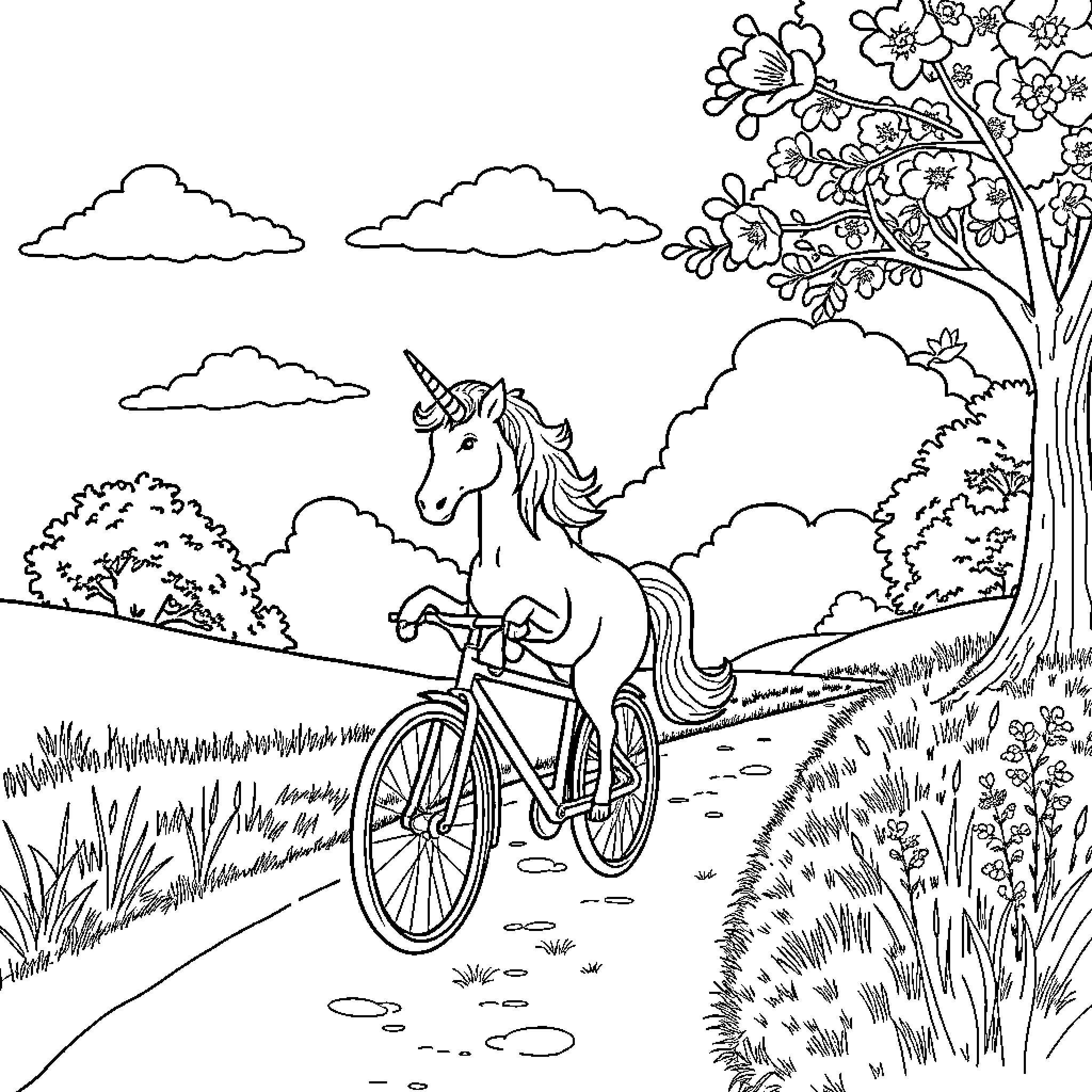 Unicorn Riding Bicycle Through Tranquil Landscape Coloring Page (free black-and-white line drawing printable PDF for all, from beginners to advanced learners, including children, teens, adults, and seniors)
